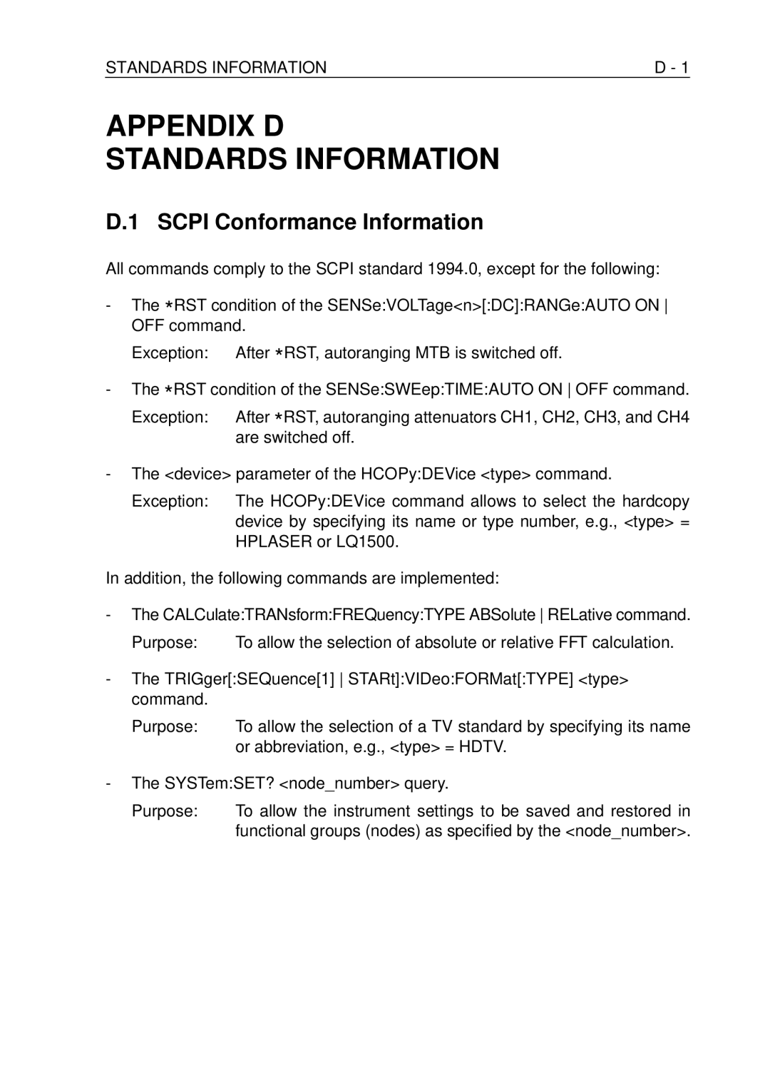 Fluke PM-3380B, PM-3390B, PM-3370B Scpi Conformance Information, Standards Information, Or abbreviation, e.g., type = Hdtv 