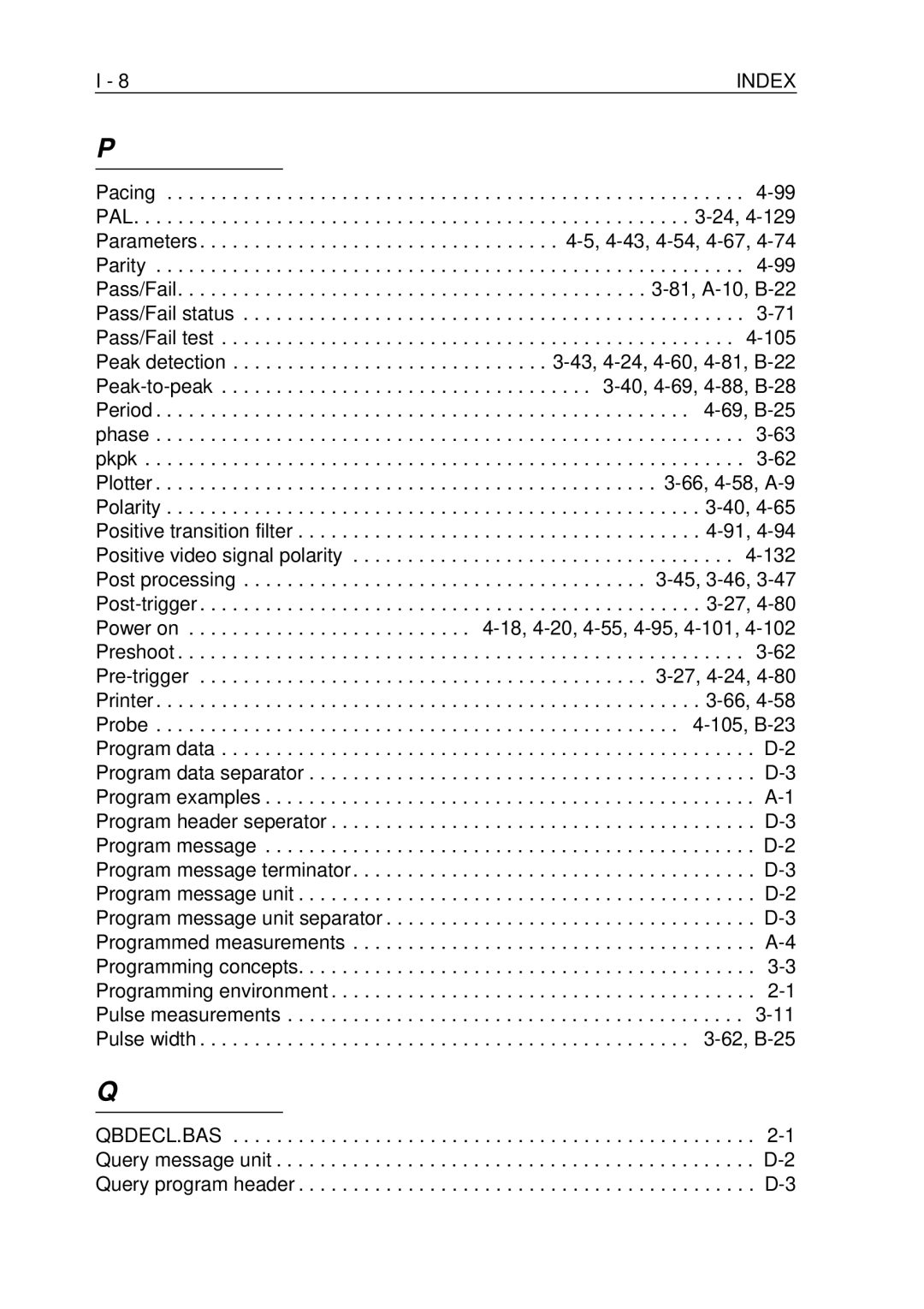 Fluke PM-3394B, PM-3380B, PM-3390B, PM-3370B, PM-3384B user manual Index 