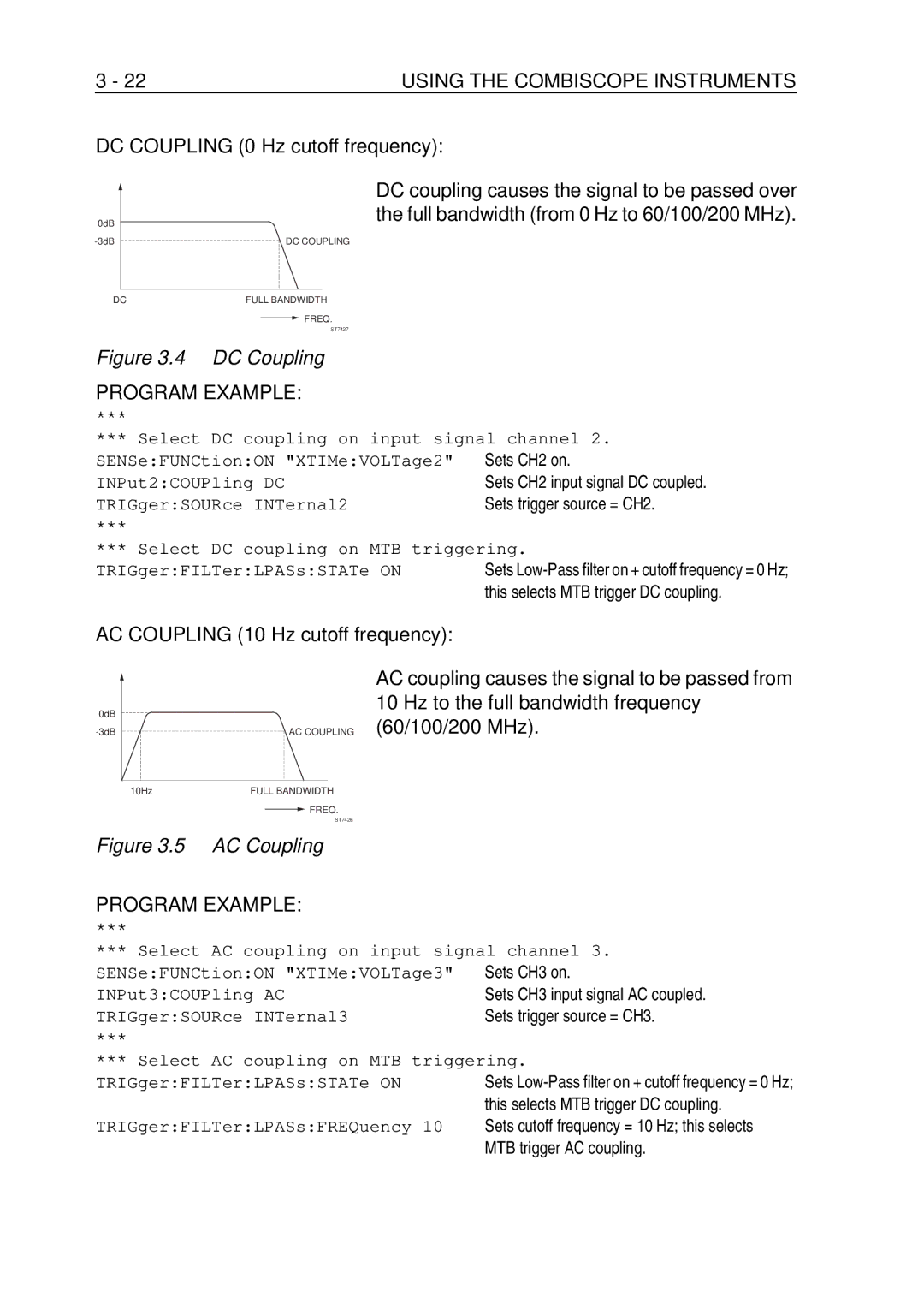 Fluke PM-3390B, PM-3380B, PM-3370B, PM-3394B, PM-3384B DC Coupling 0 Hz cutoff frequency, AC Coupling 10 Hz cutoff frequency 