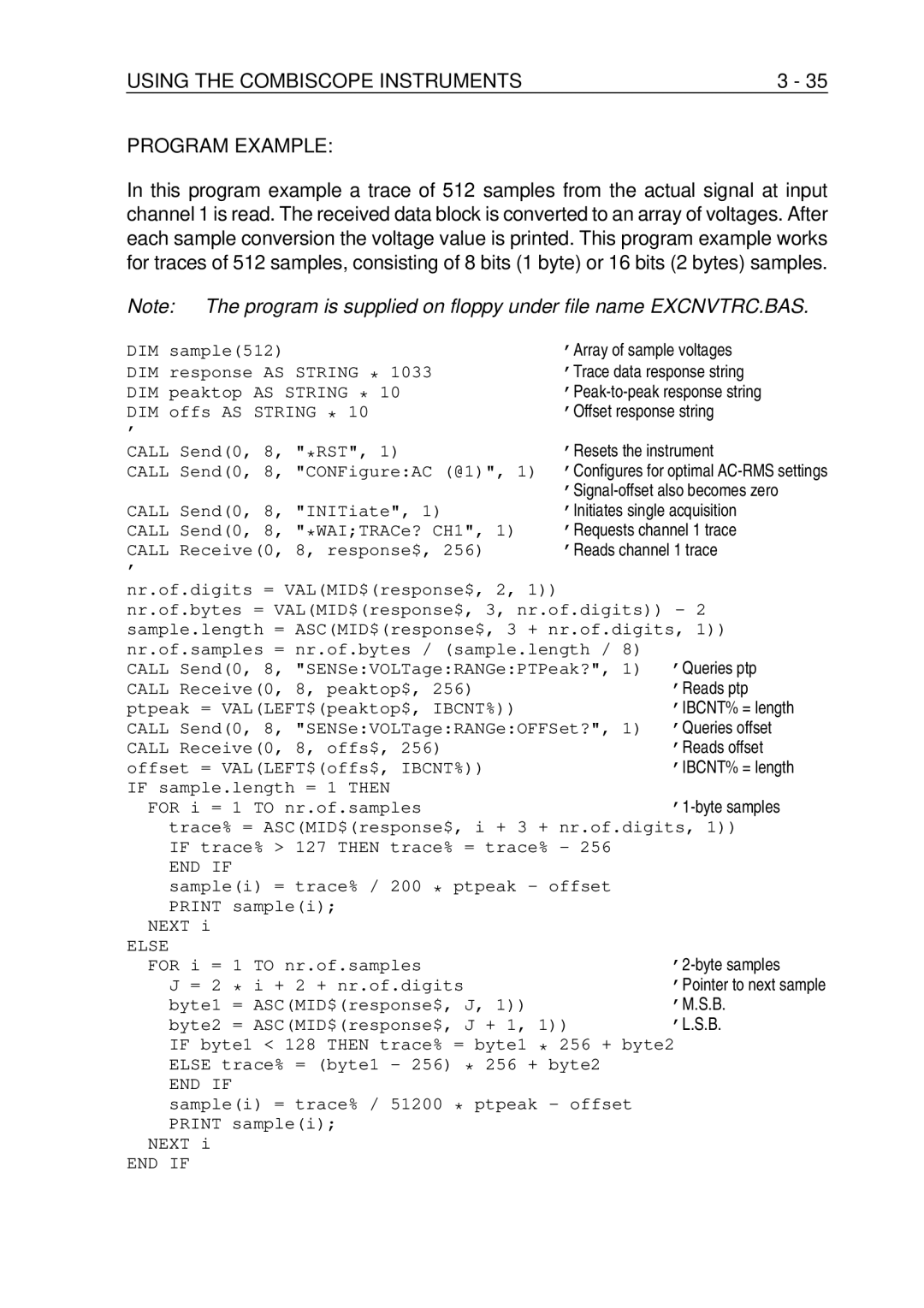 Fluke PM-3384B, PM-3380B, PM-3390B, PM-3370B, PM-3394B Using the Combiscope Instruments Program Example, ’1-byte samples 