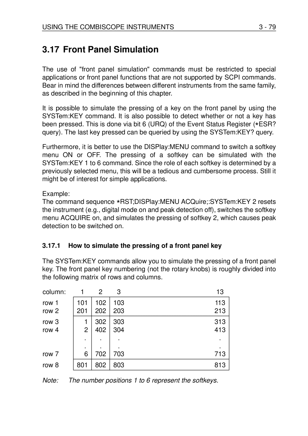 Fluke PM-3394B, PM-3380B Front Panel Simulation, How to simulate the pressing of a front panel key, Row 201, Row 801 