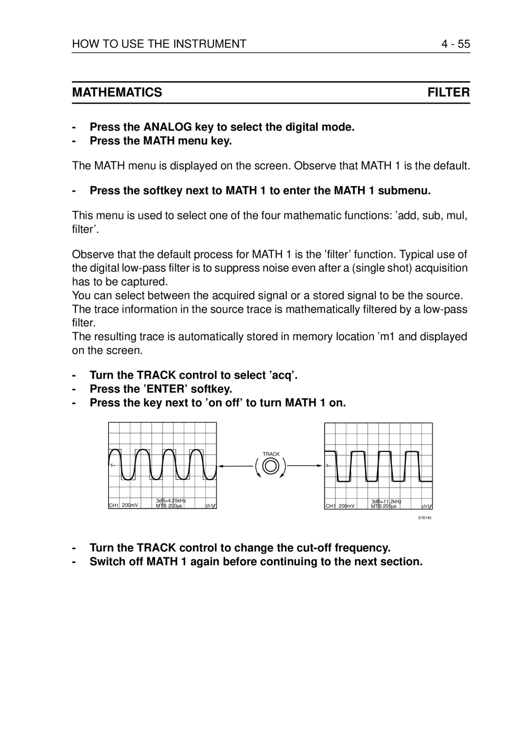 Fluke PM3370B user manual Mathematics Filter, Press the softkey next to Math 1 to enter the Math 1 submenu 