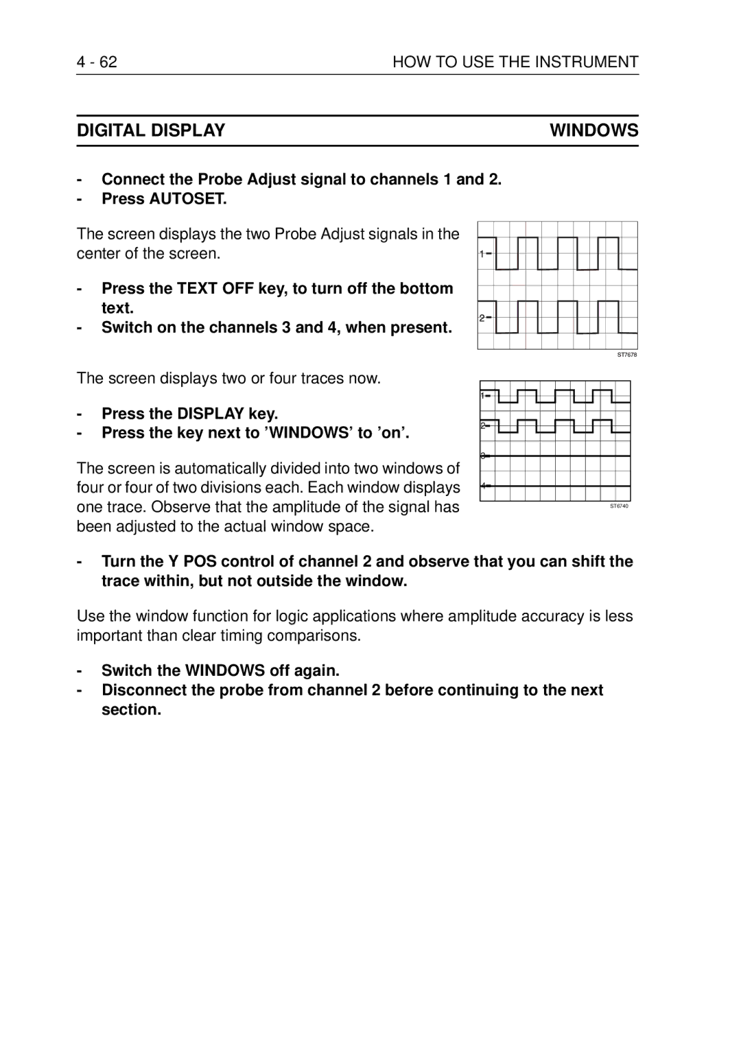 Fluke PM3370B user manual Digital Display Windows, 62HOW to USE the Instrument, Screen displays two or four traces now 