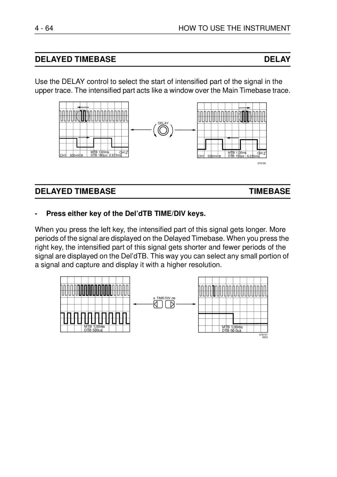 Fluke PM3370B user manual 64HOW to USE the Instrument, Press either key of the Del’dTB TIME/DIV keys 