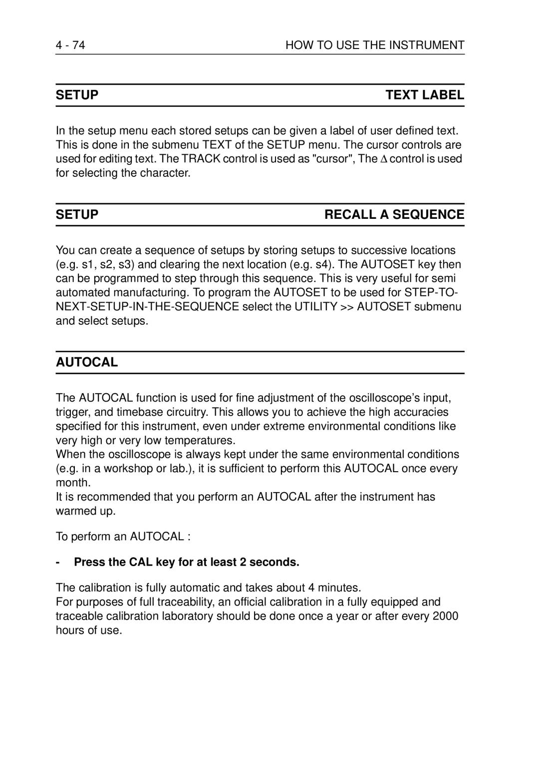 Fluke PM3370B user manual Setup Text Label, Setup Recall a Sequence, Autocal, 74HOW to USE the Instrument 