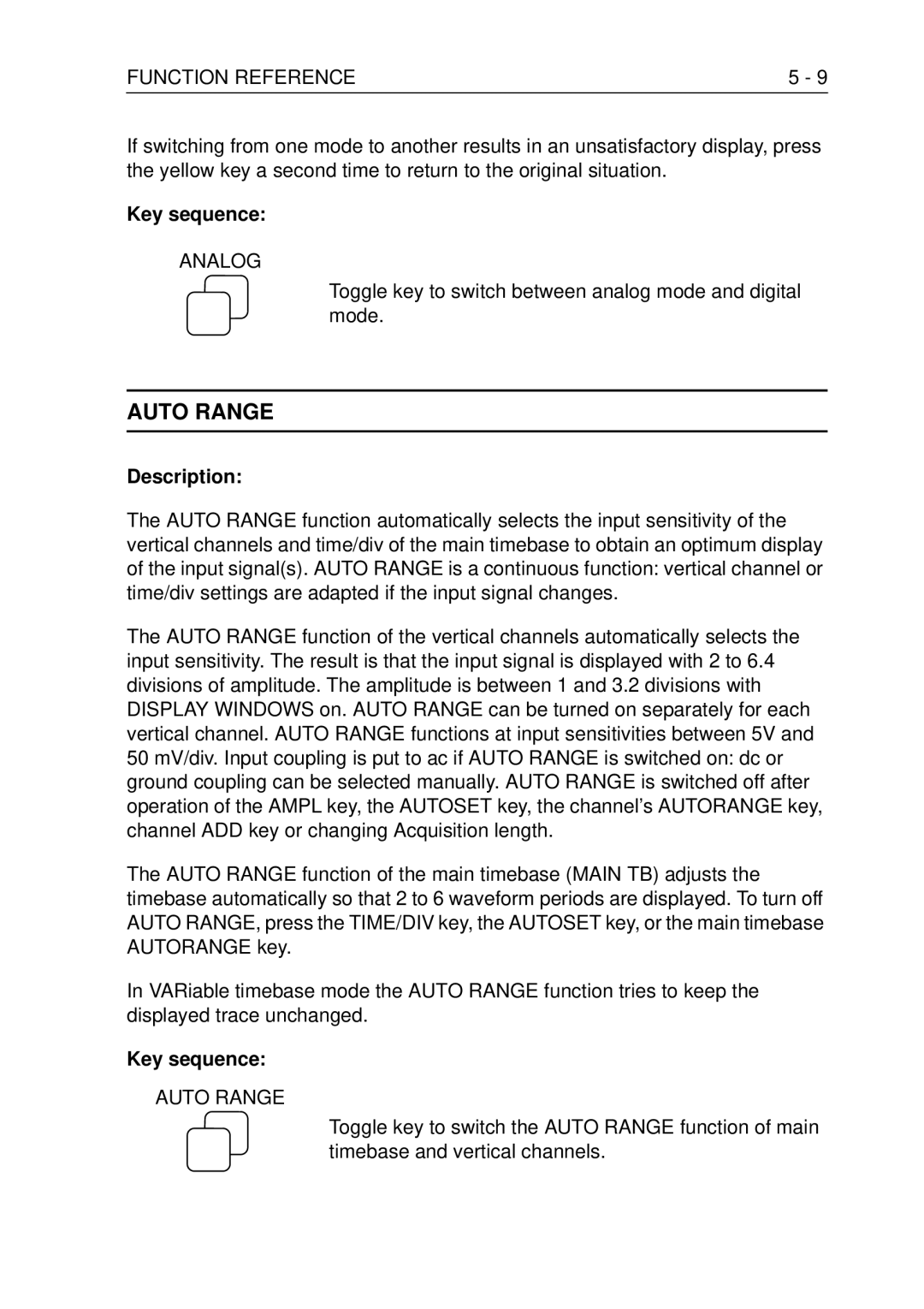 Fluke PM3370B user manual Auto Range, Analog, Toggle key to switch between analog mode and digital mode 