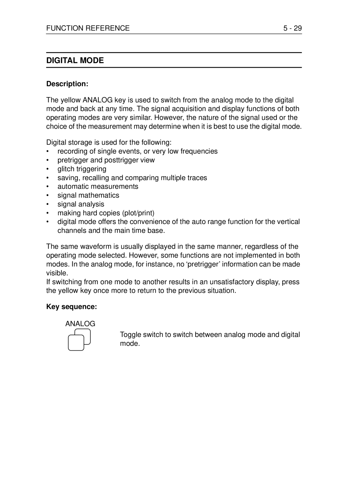 Fluke PM3370B user manual Digital Mode, Toggle switch to switch between analog mode and digital mode 