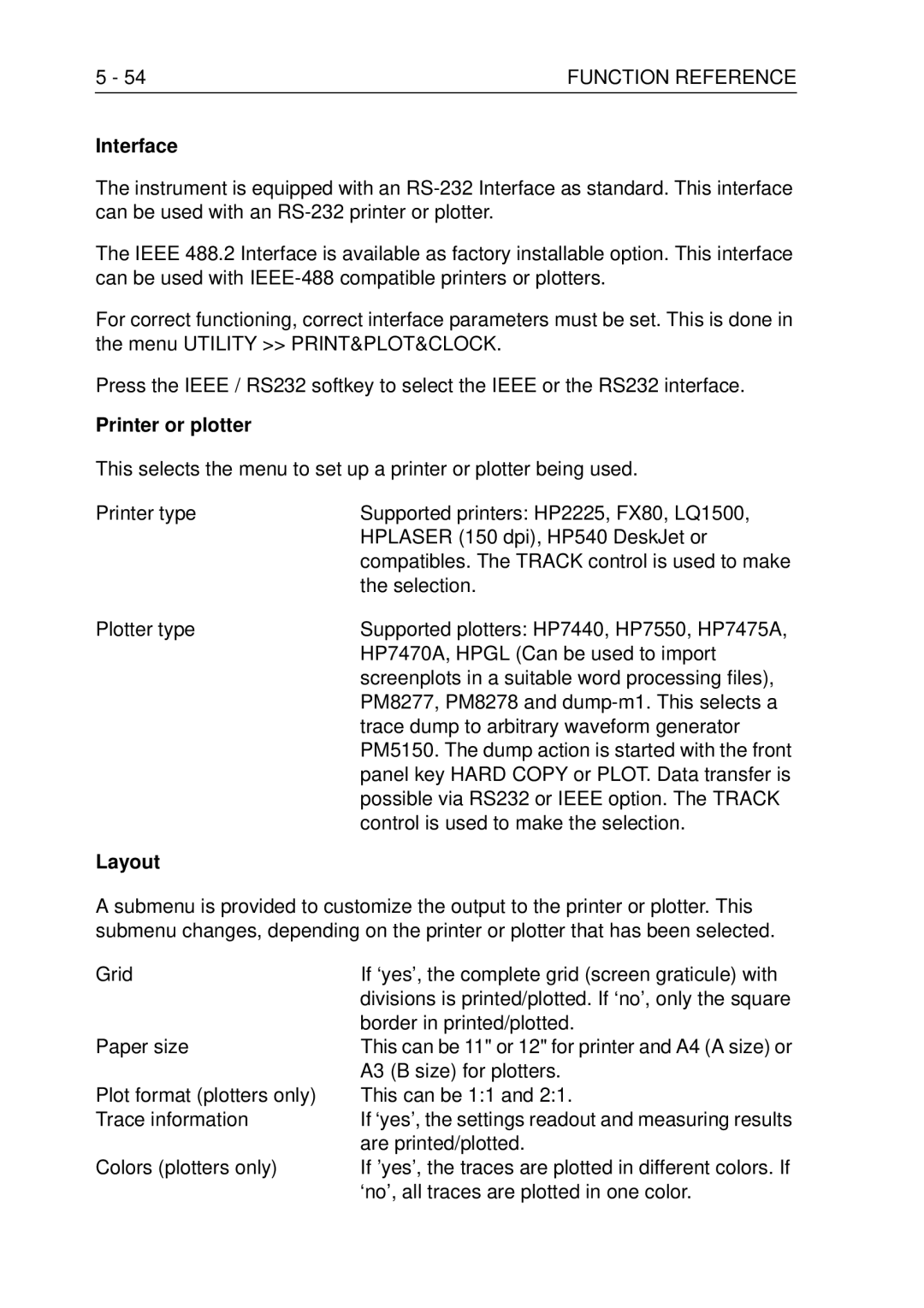 Fluke PM3370B user manual Interface, Printer or plotter, Layout 