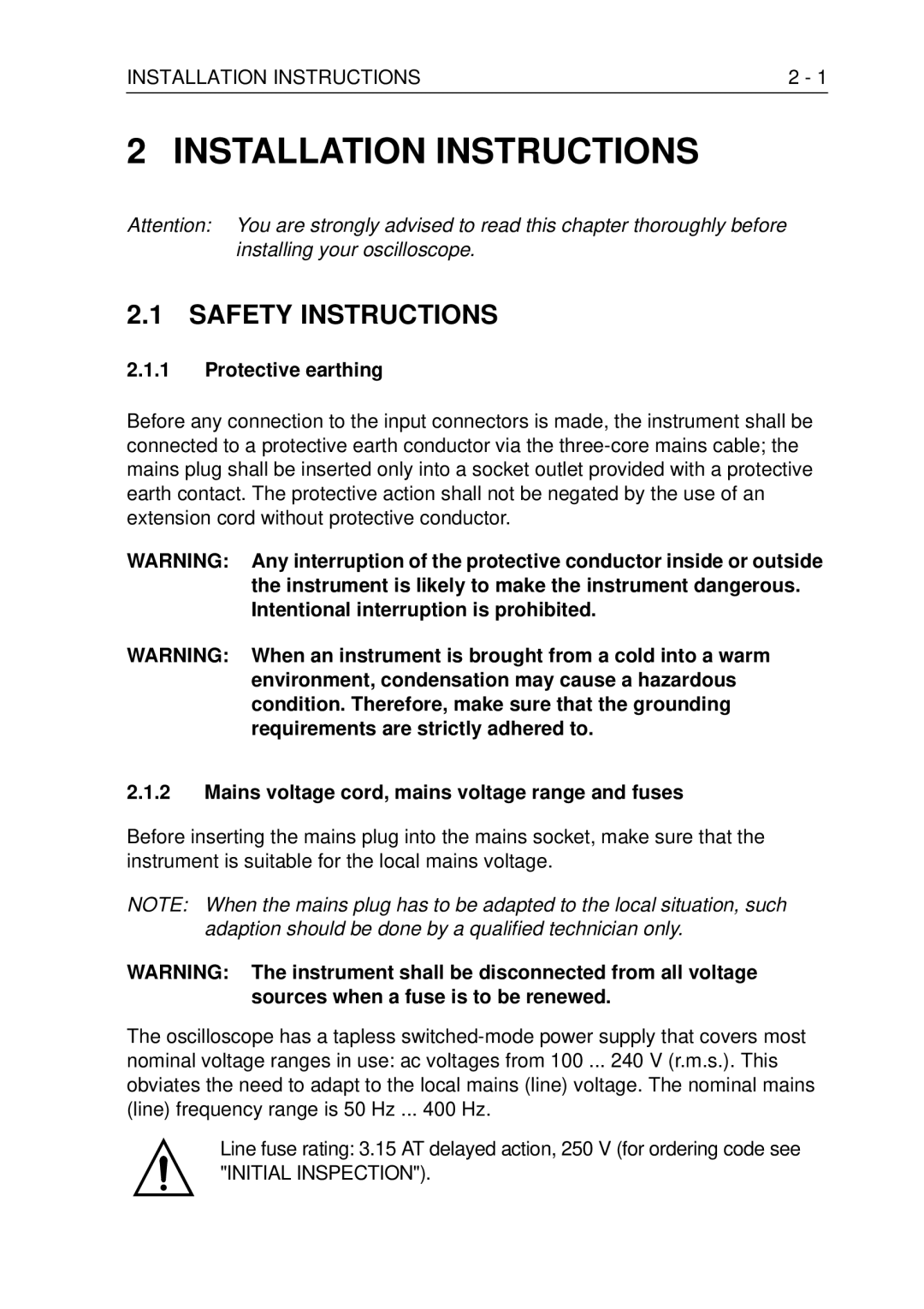 Fluke PM3370B user manual Safety Instructions, Installation Instructions, Protective earthing 