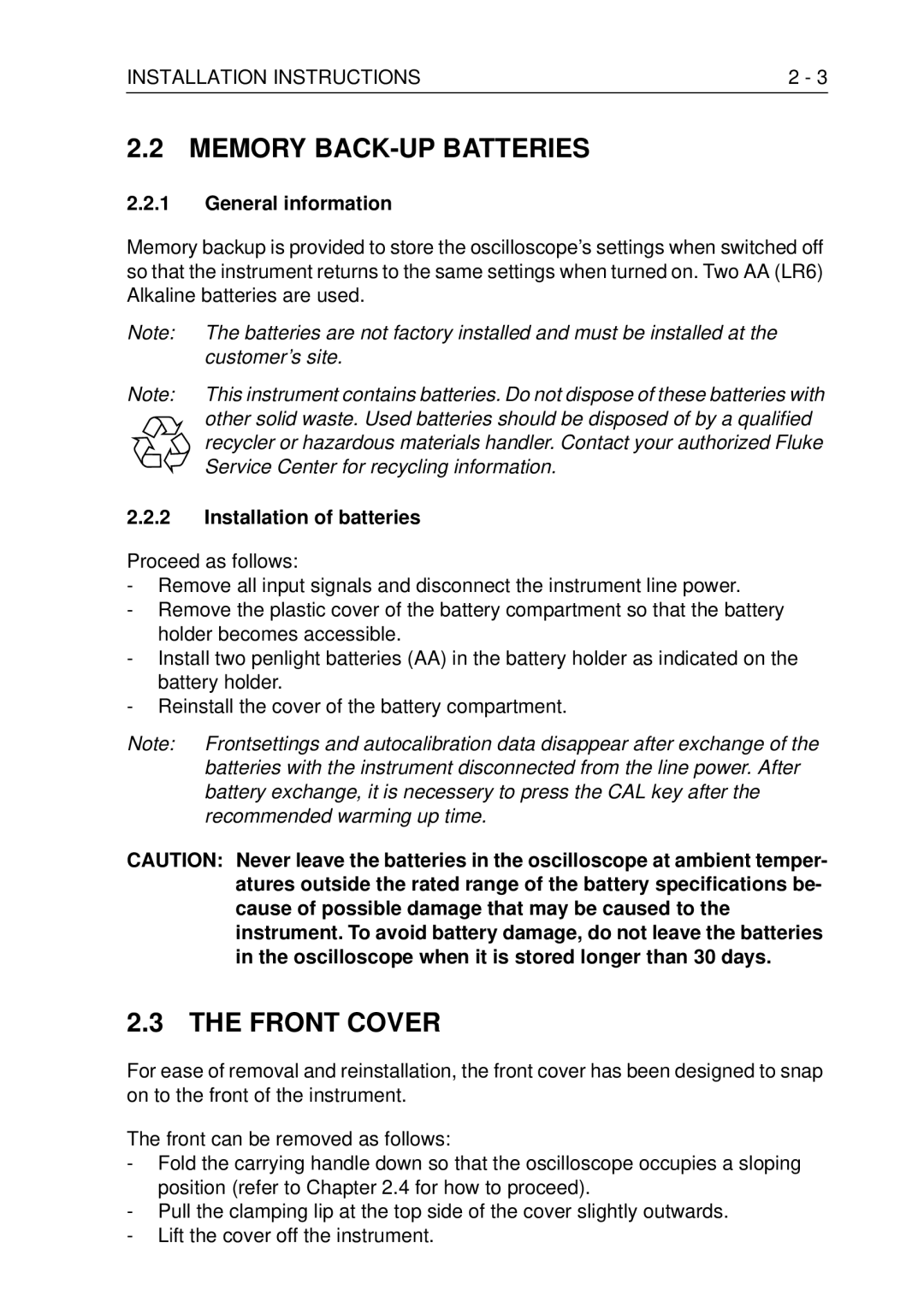 Fluke PM3370B user manual Memory BACK-UP Batteries, Front Cover, General information, Installation of batteries 