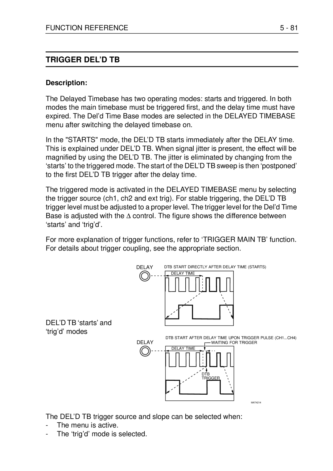 Fluke PM3370B user manual Trigger DEL’D TB, Delay 