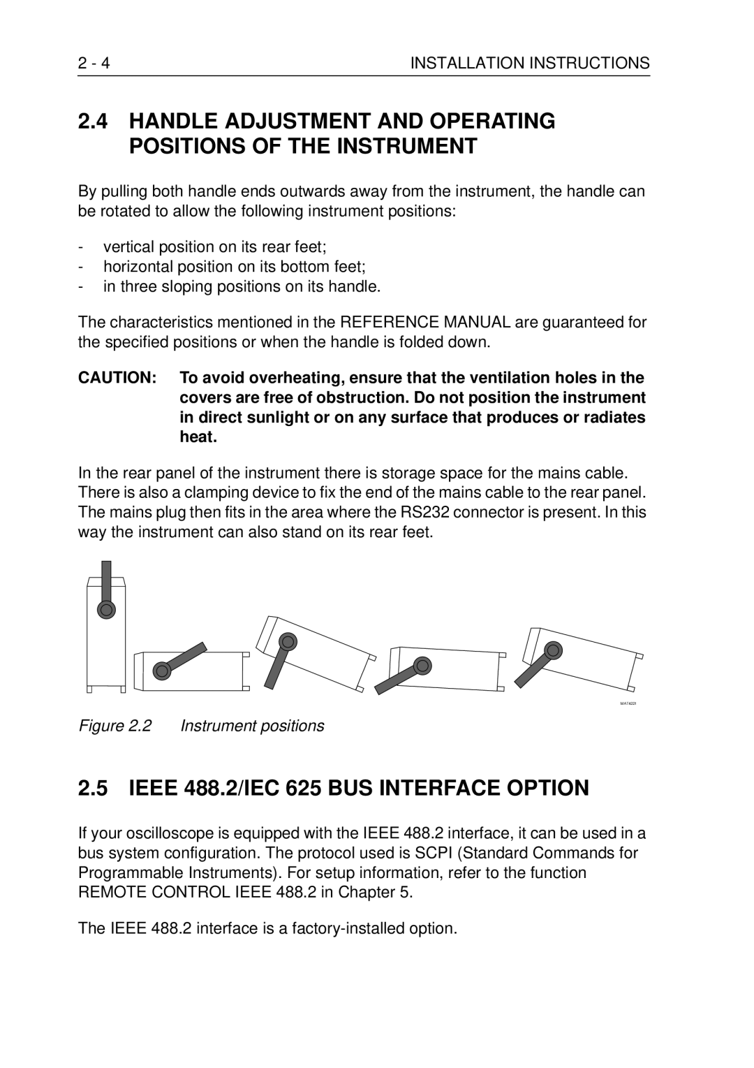 Fluke PM3370B Handle Adjustment and Operating Positions of the Instrument, Ieee 488.2/IEC 625 BUS Interface Option 