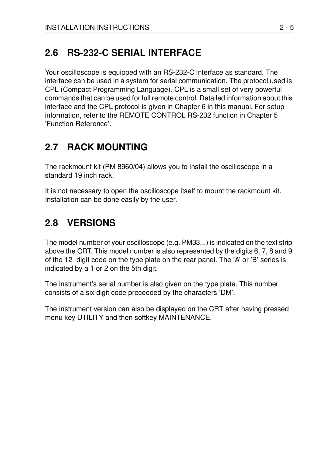 Fluke PM3370B user manual RS-232-C Serial Interface, Rack Mounting, Versions 