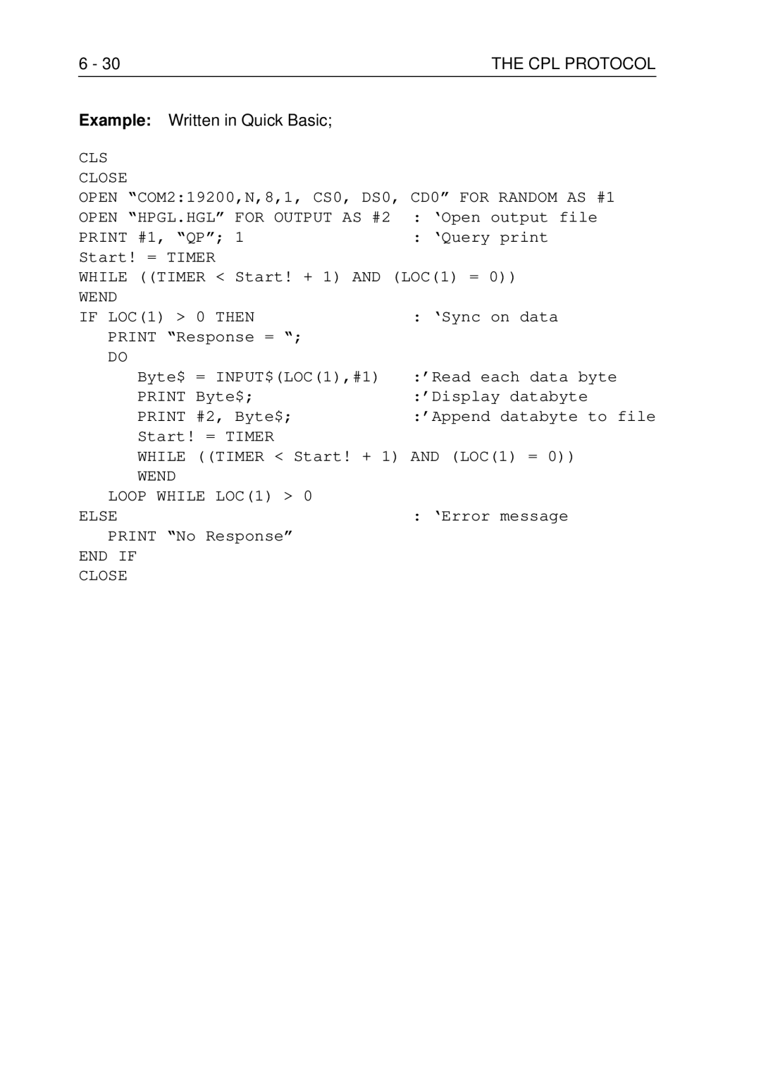 Fluke PM3370B user manual 30THE CPL Protocol, Example Written in Quick Basic 