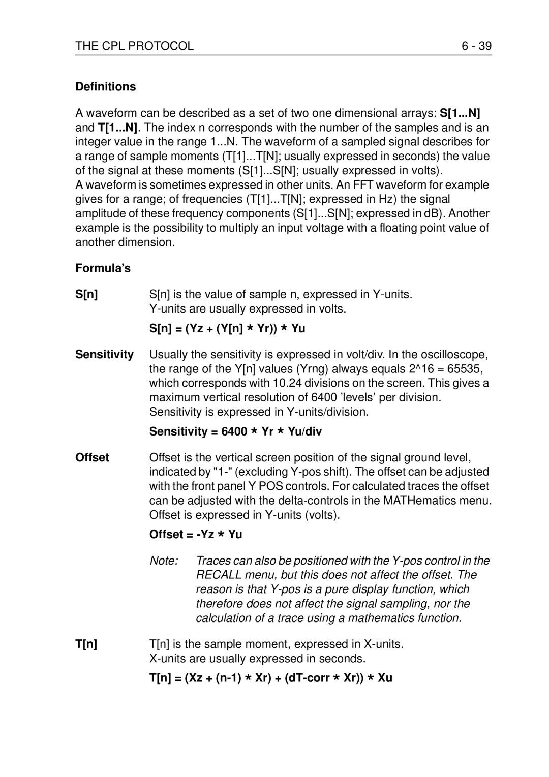 Fluke PM3370B user manual Definitions, Formula’s, Sn = Yz + Yn * Yr * Yu, Sensitivity = 6400 * Yr * Yu/div, Offset 