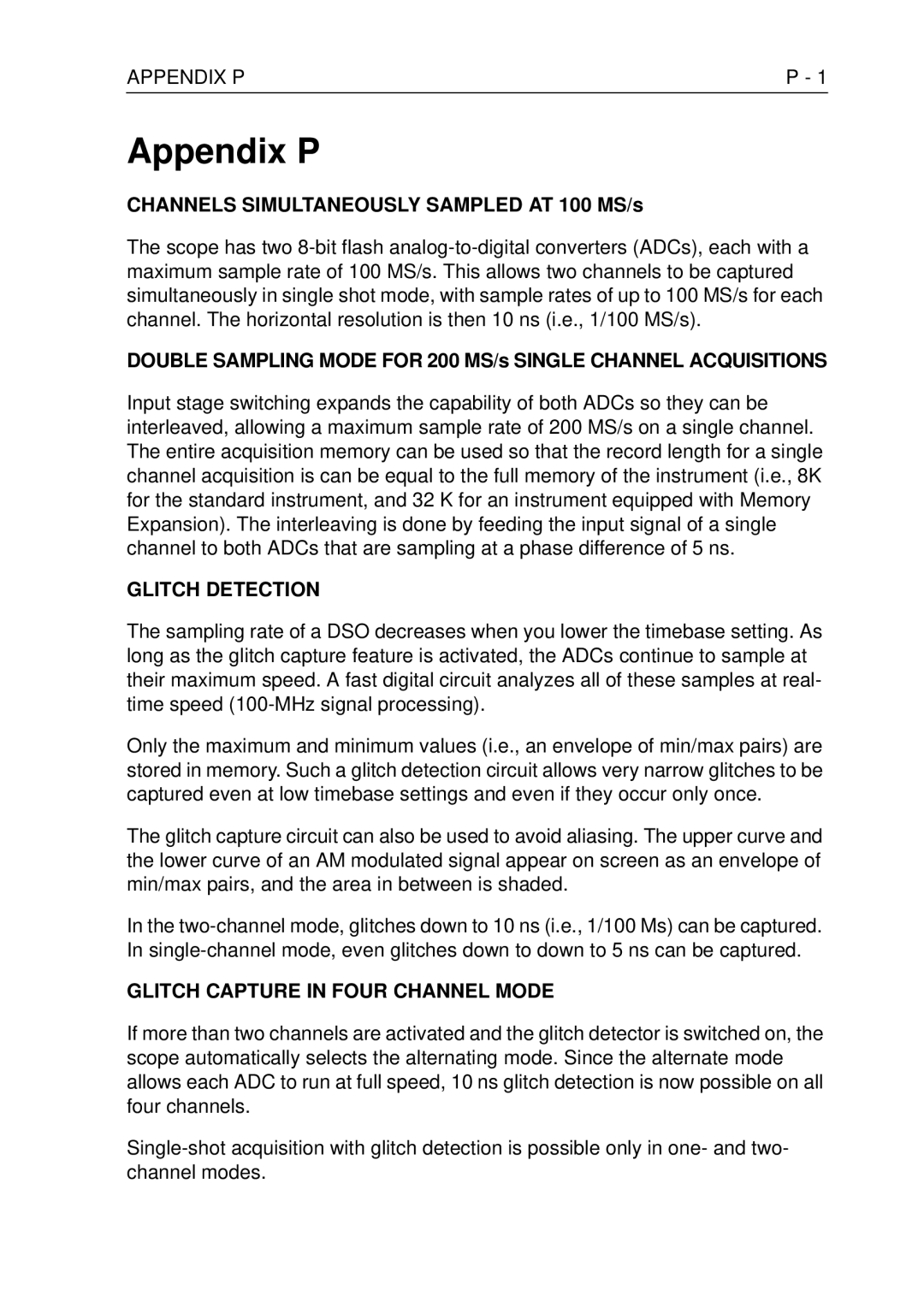 Fluke PM3370B user manual Appendix P, Channels Simultaneously Sampled AT 100 MS/s 