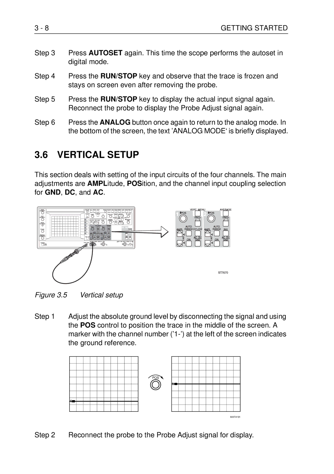 Fluke PM3370B user manual Vertical Setup, Reconnect the probe to the Probe Adjust signal for display 