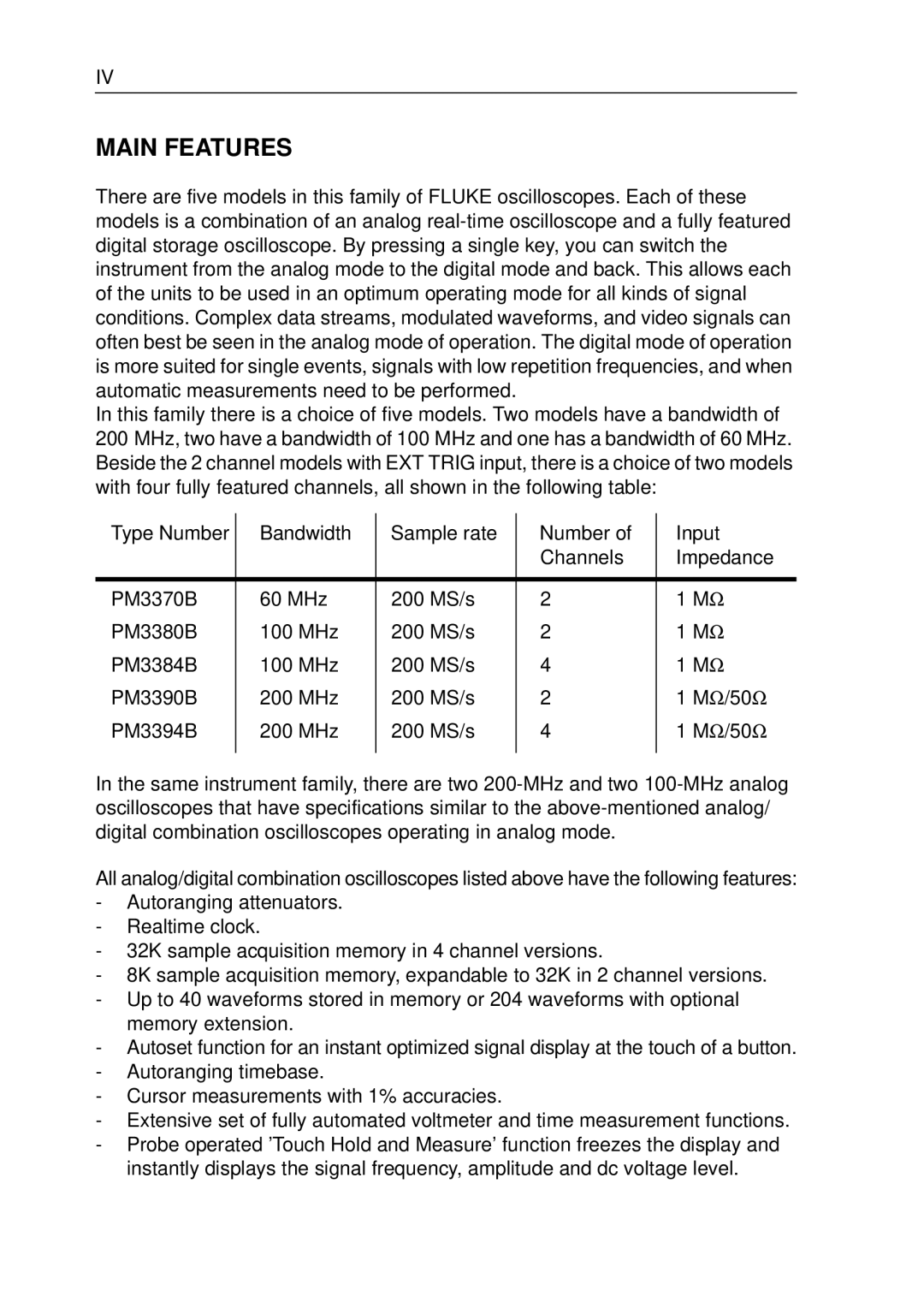 Fluke PM3370B user manual Main Features 