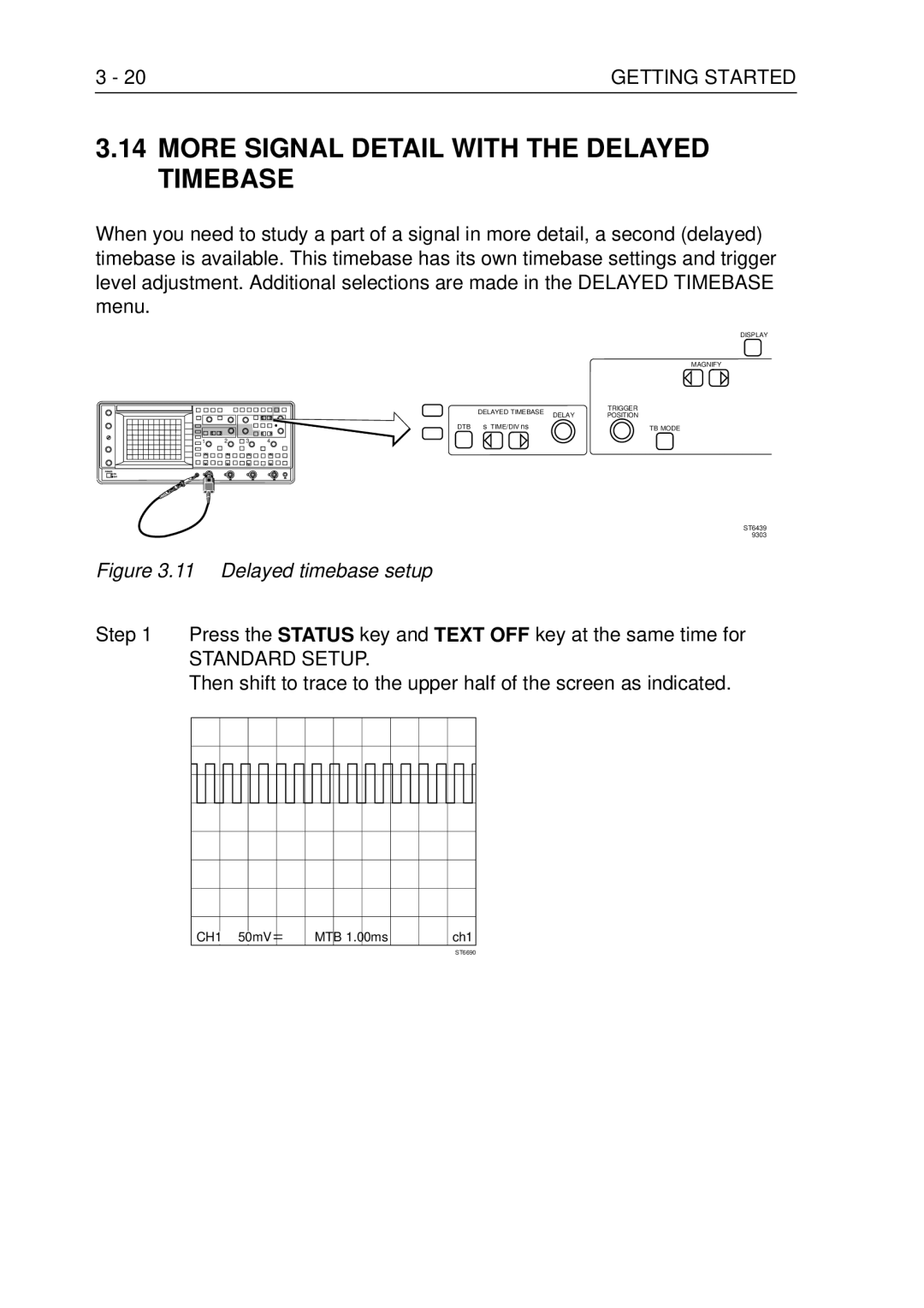 Fluke PM3370B More Signal Detail with the Delayed Timebase, Press the Status key and Text OFF key at the same time for 