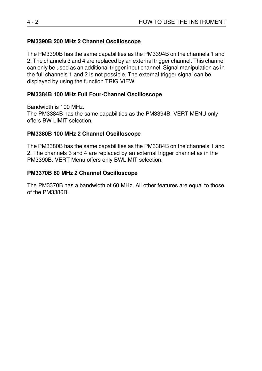 Fluke PM3370B user manual PM3390B 200 MHz 2 Channel Oscilloscope, PM3384B 100 MHz Full Four-Channel Oscilloscope 