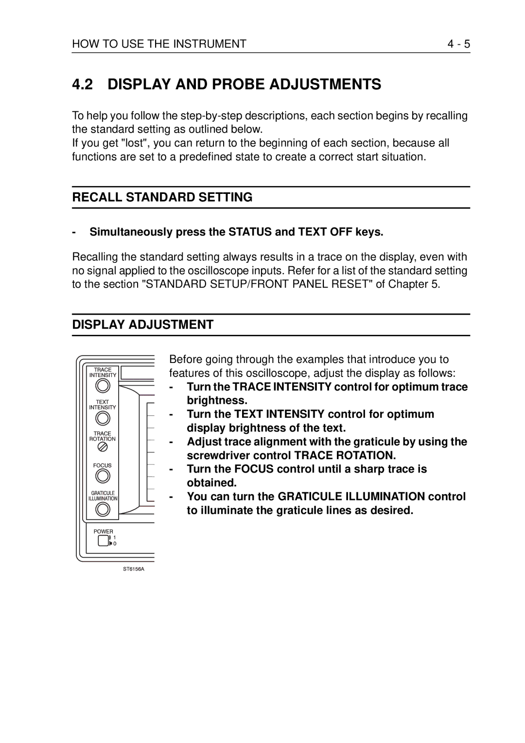 Fluke PM3370B user manual Display and Probe Adjustments, Recall Standard Setting, Display Adjustment 