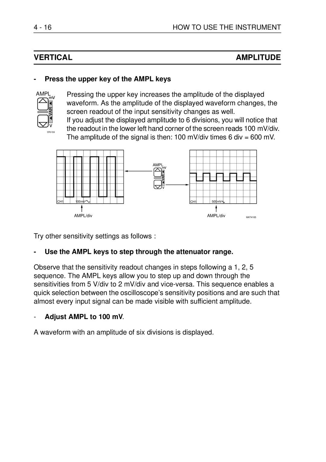 Fluke PM3370B Vertical Amplitude, 16HOW to USE the Instrument, Press the upper key of the Ampl keys, Adjust Ampl to 100 mV 