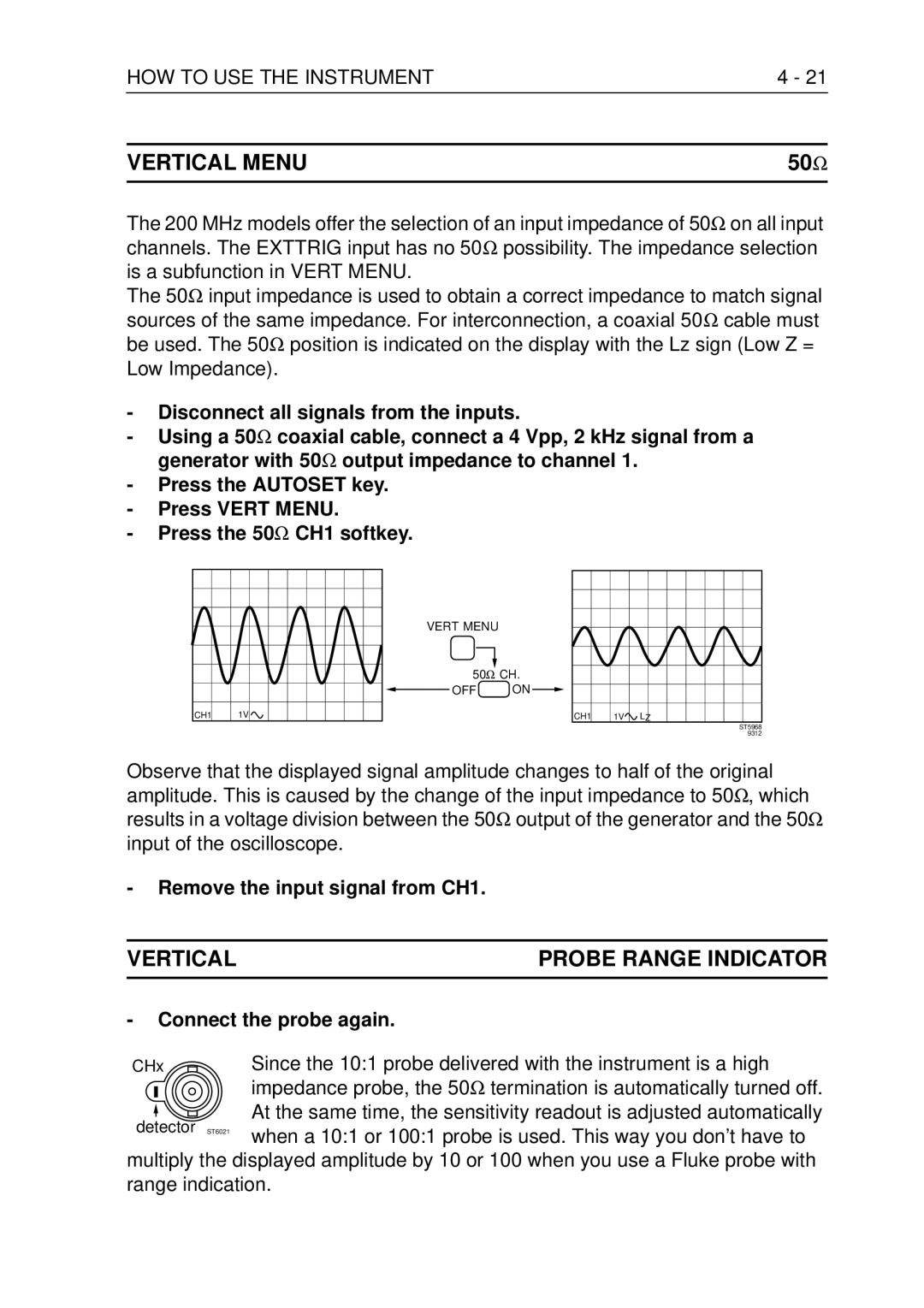 Fluke PM3370B Vertical Menu, Vertical Probe Range Indicator, Remove the input signal from CH1, Connect the probe again 