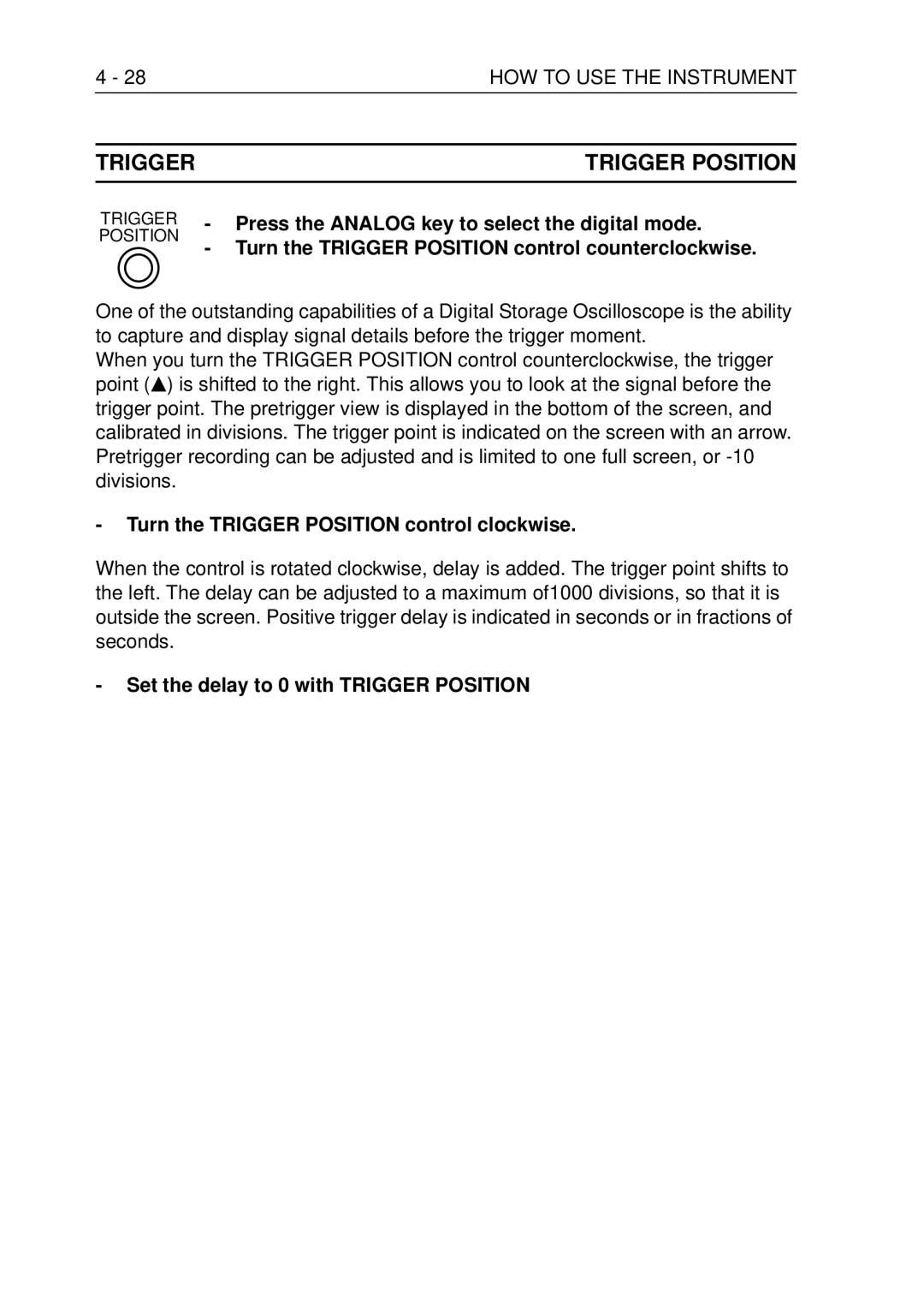 Fluke PM3370B user manual Trigger Trigger Position, Press the Analog key to select the digital mode 