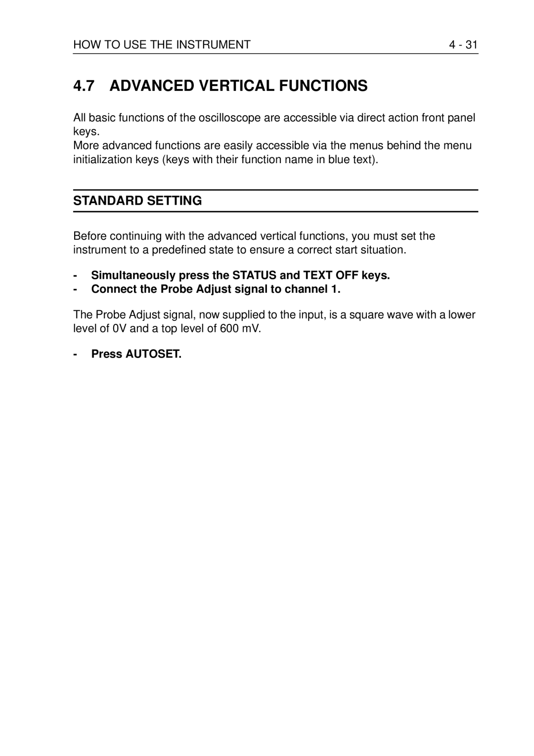 Fluke PM3370B user manual Advanced Vertical Functions, Standard Setting 