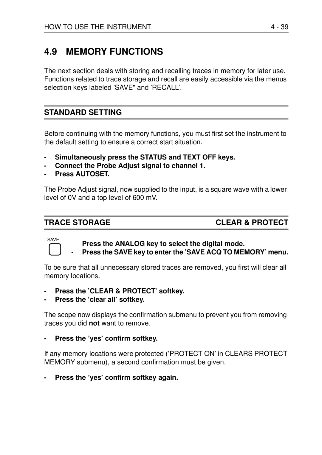 Fluke PM3370B user manual Memory Functions, Trace Storageclear & Protect, Press the ’yes’ confirm softkey 