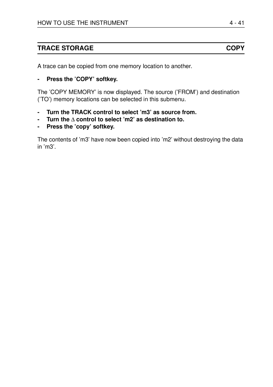 Fluke PM3370B Trace Storage Copy, Trace can be copied from one memory location to another, Press the ’COPY’ softkey 