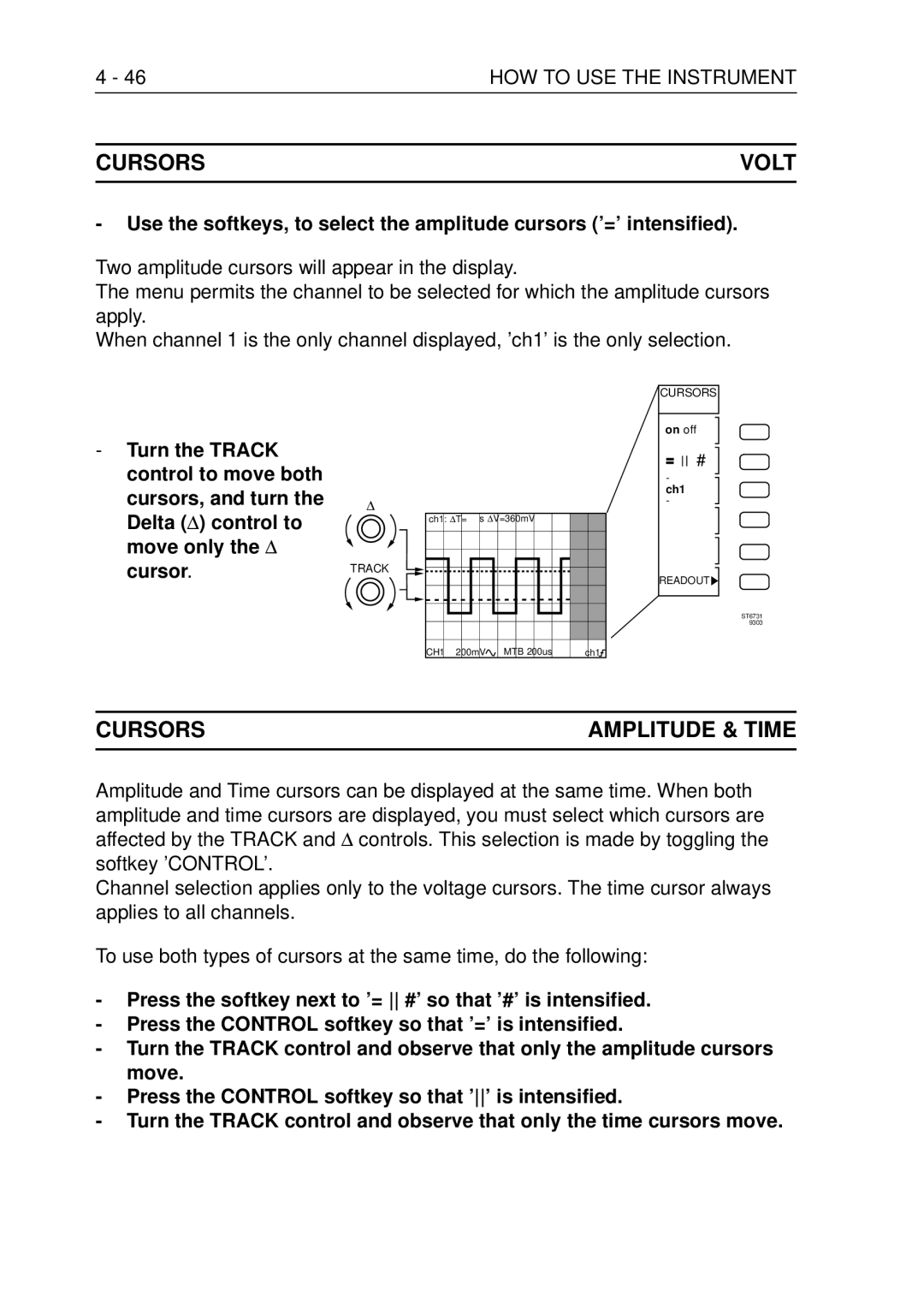 Fluke PM3370B user manual Cursors Volt, Cursors Amplitude & Time, 46HOW to USE the Instrument 