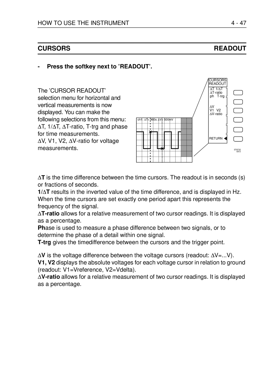 Fluke PM3370B Cursors Readout, Press the softkey next to ’READOUT’, ΔV, V1, V2, ΔV-ratio for voltage measurements 