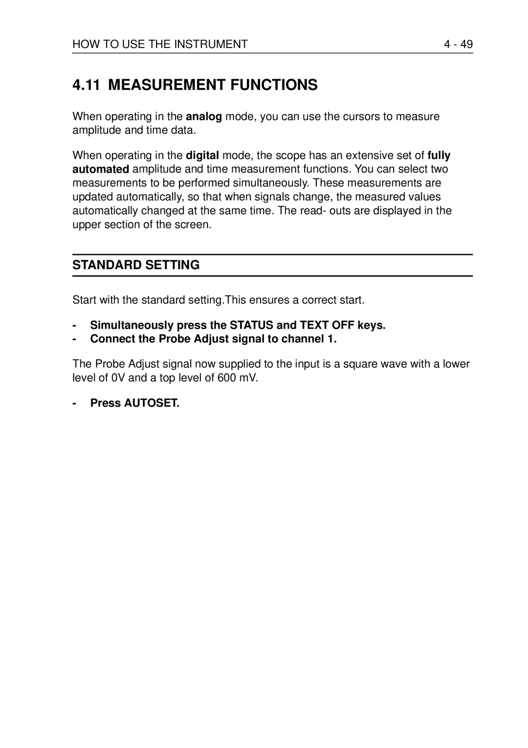 Fluke PM3370B user manual Measurement Functions, Start with the standard setting.This ensures a correct start 