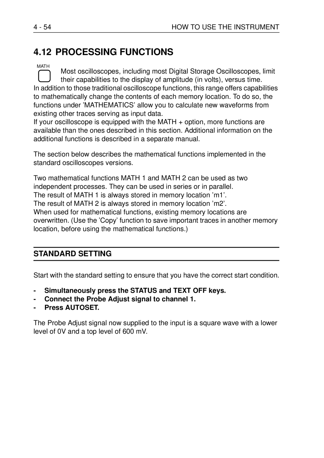 Fluke PM3370B user manual Processing Functions, Standard Setting 