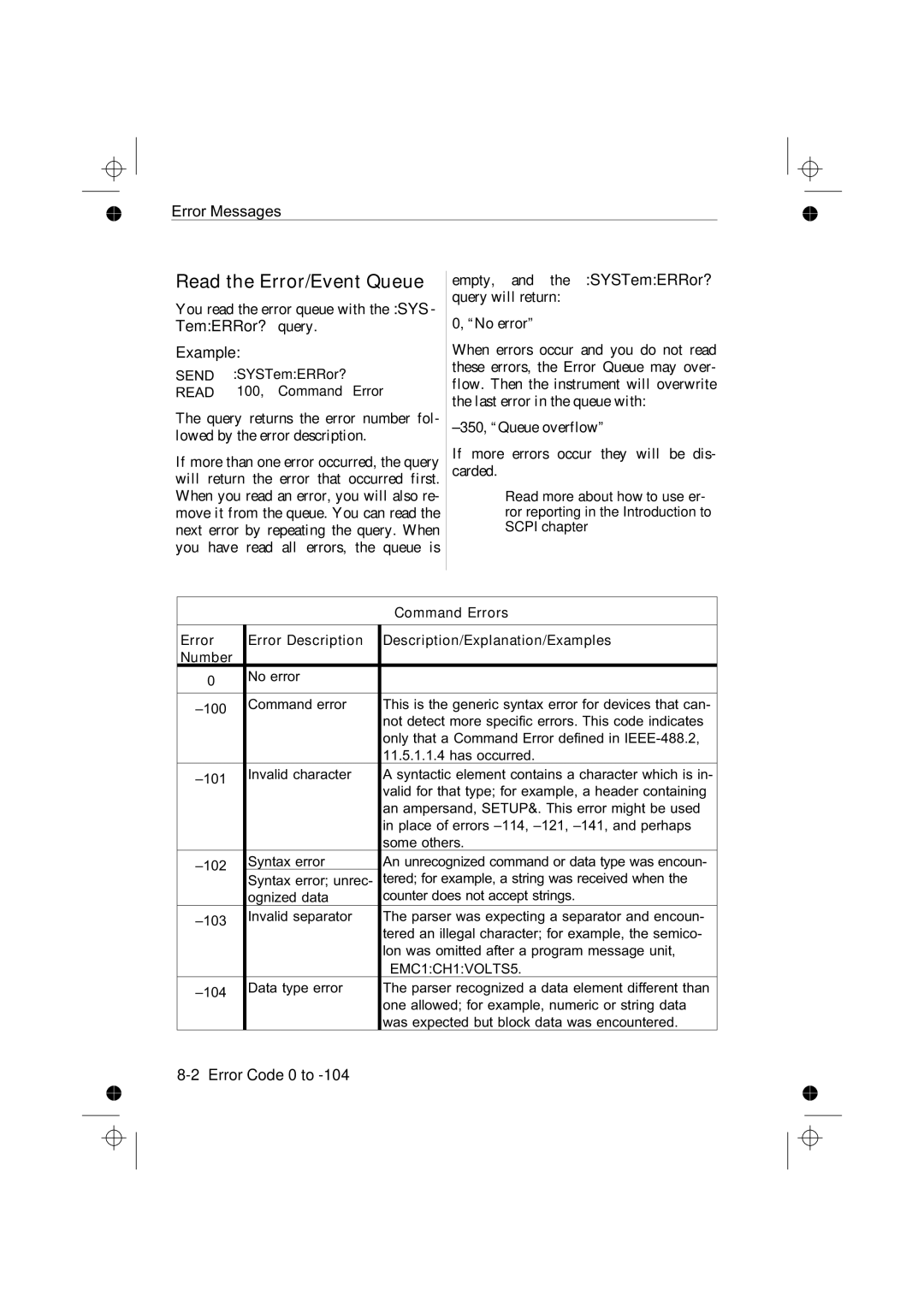 Fluke PM6681R Read the Error/Event Queue, Error Code 0 to, SEND→ SYSTemERRor? READ← -100, Command Error, Command Errors 