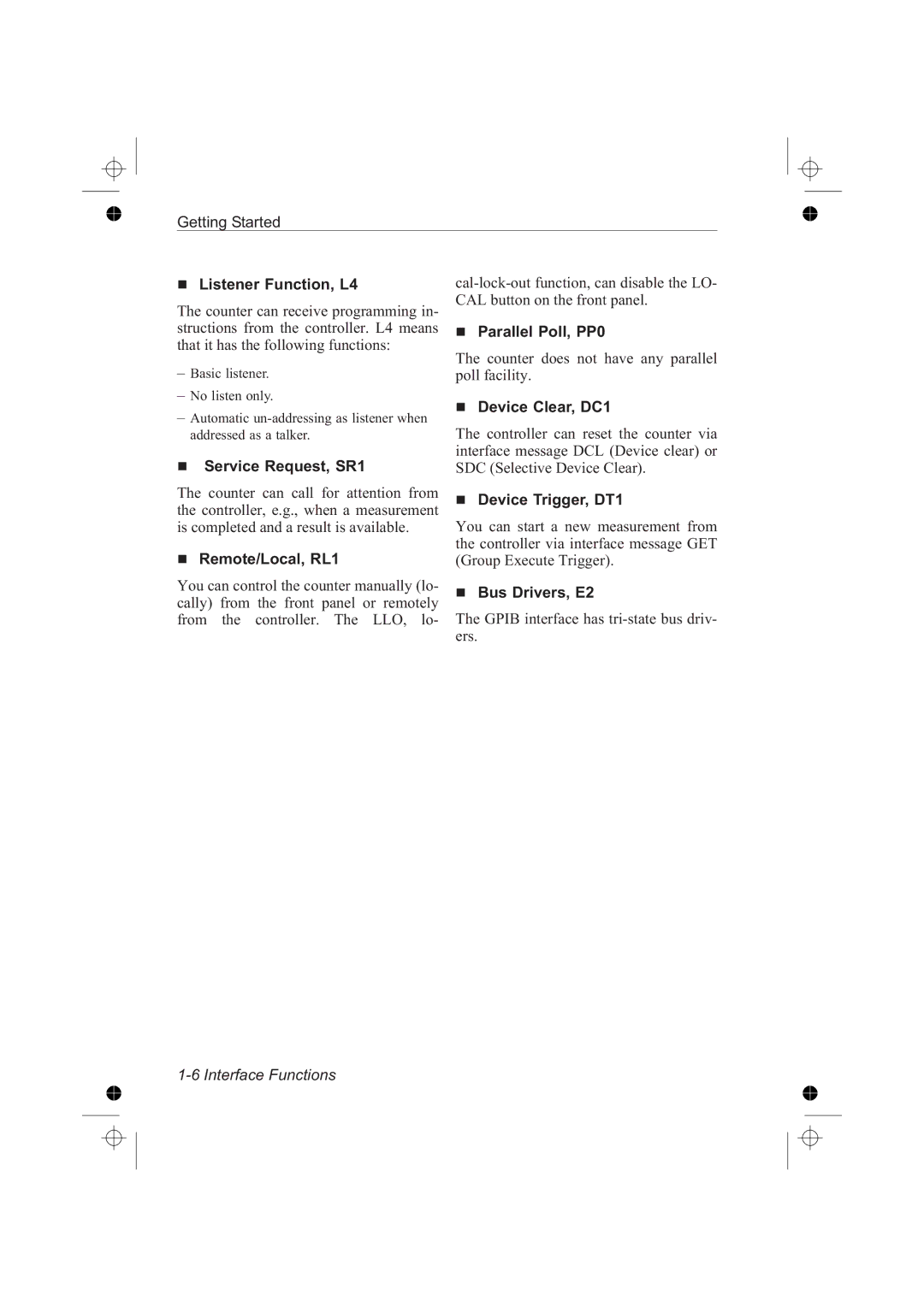 Fluke PM6681R manual Listener Function, L4, Service Request, SR1, Remote/Local, RL1, Parallel Poll, PP0, Device Clear, DC1 