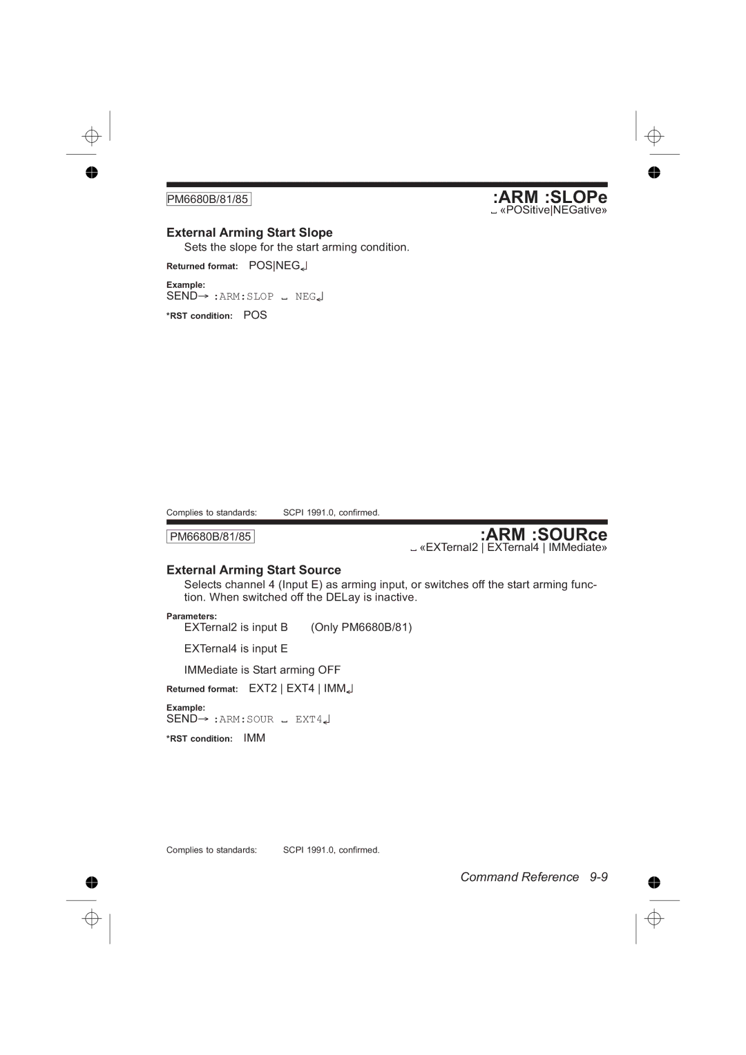 Fluke PM6681R, PM6685R manual ARM SLOPe, ARM SOURce, External Arming Start Slope, External Arming Start Source 