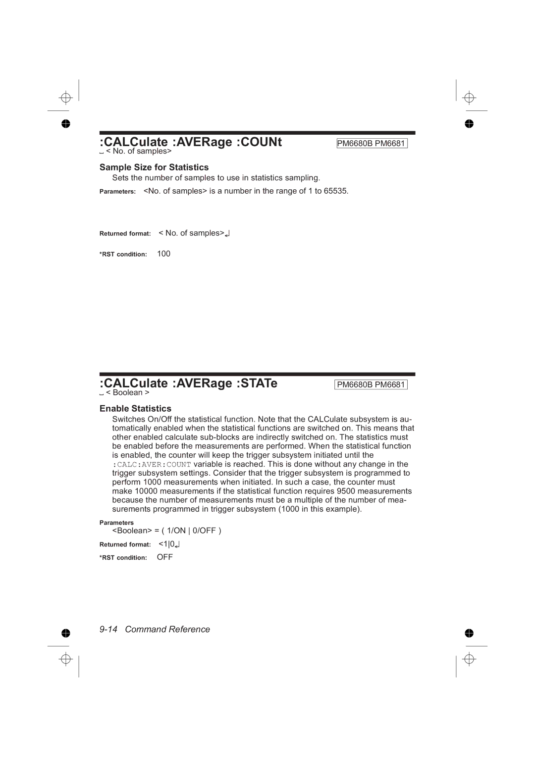 Fluke PM6681R, PM6685R CALCulate AVERage COUNt, CALCulate AVERage STATe, Sample Size for Statistics, Enable Statistics 