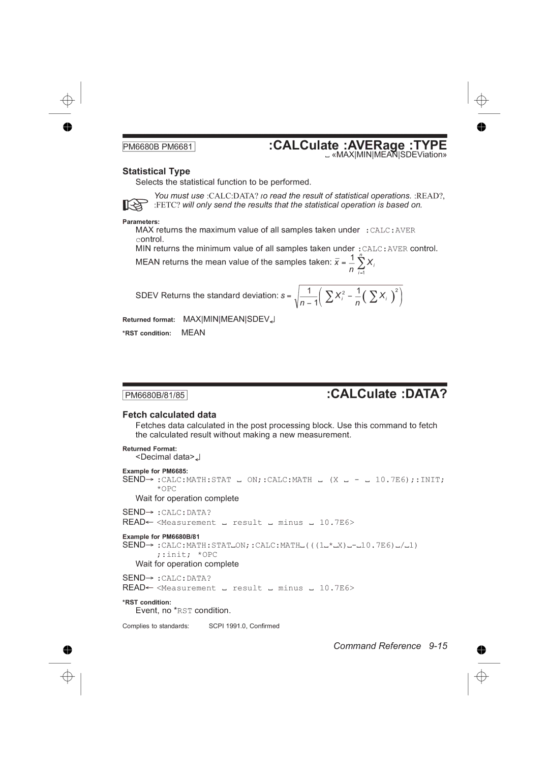 Fluke PM6681R, PM6685R manual CALCulate AVERage Type, Statistical Type, Fetch calculated data, Send CALCDATA? 