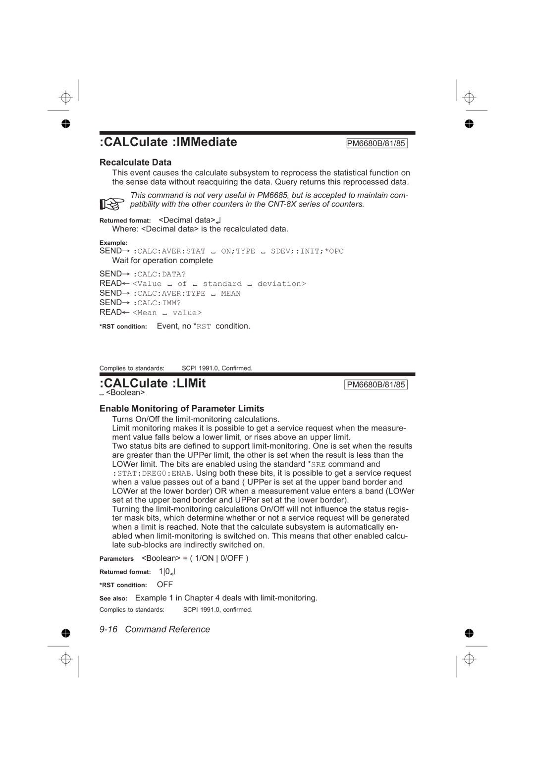 Fluke PM6685R, PM6681R manual CALCulate IMMediate, CALCulate LIMit, Recalculate Data, Enable Monitoring of Parameter Limits 