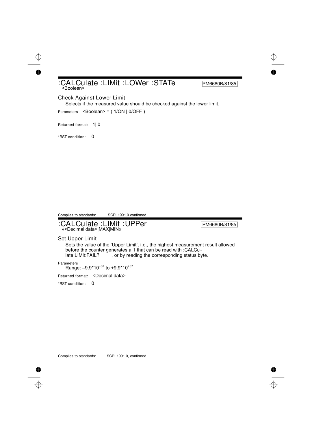 Fluke PM6681R, PM6685R manual CALCulate LIMit LOWer STATe, CALCulate LIMit UPPer, Check Against Lower Limit, Set Upper Limit 