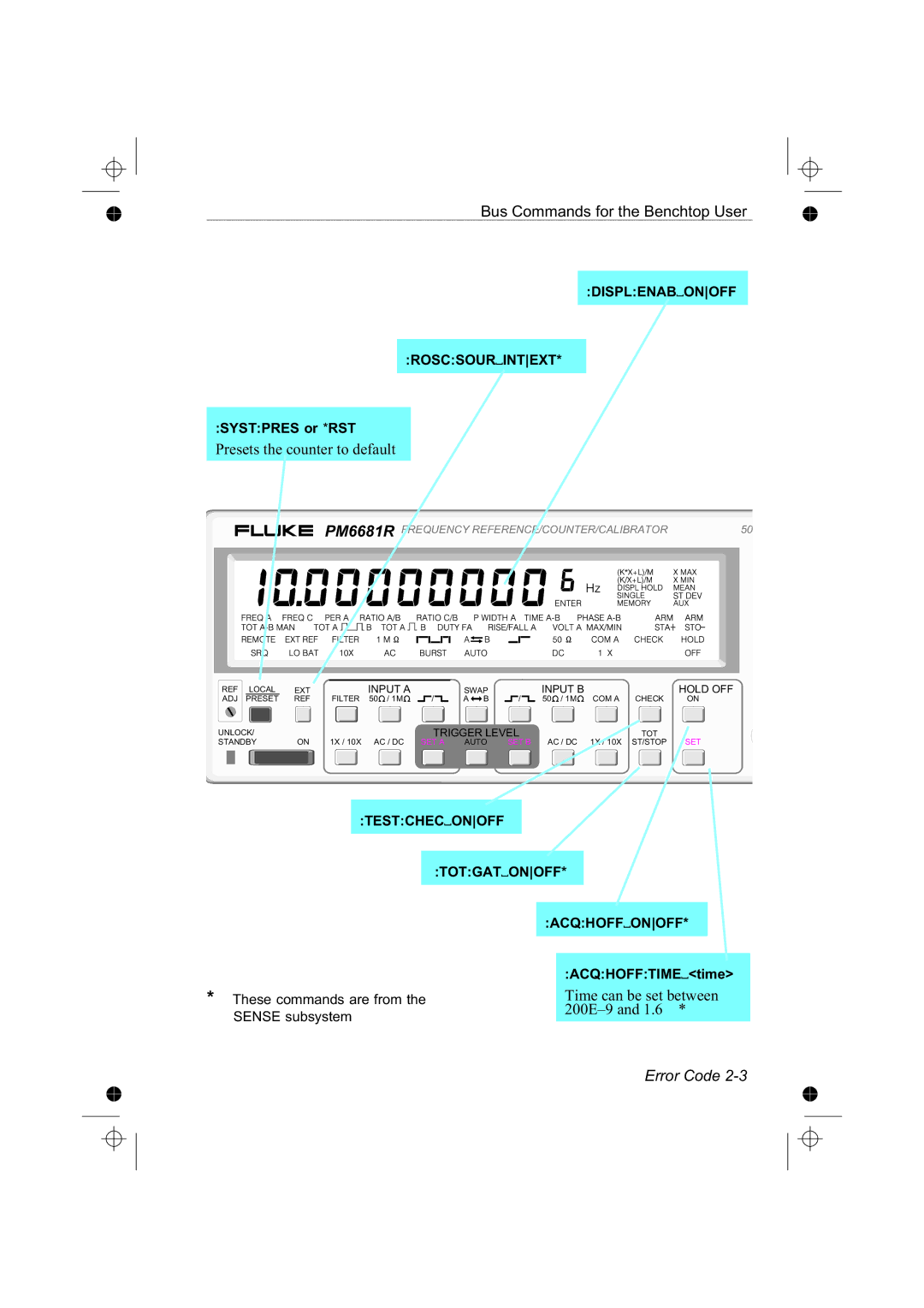 Fluke PM6681R, PM6685R manual Systpres or *RST, These commands are from the Sense subsystem, ACQHOFFTIMEtime 