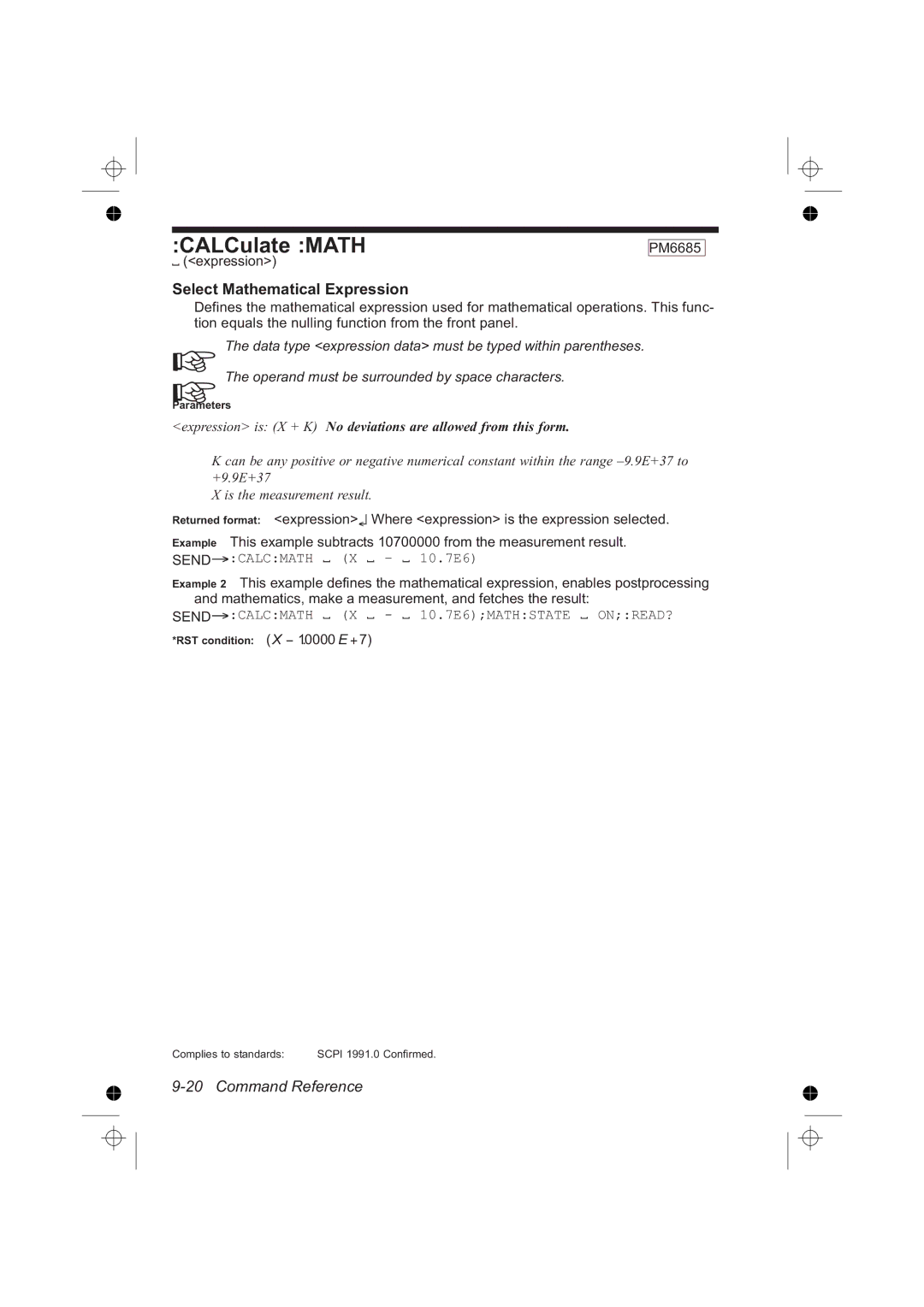 Fluke PM6685R, PM6681R manual CALCulate Math, Select Mathematical Expression, Sendcalcmath X 10.7E6MATHSTATE ONREAD? 