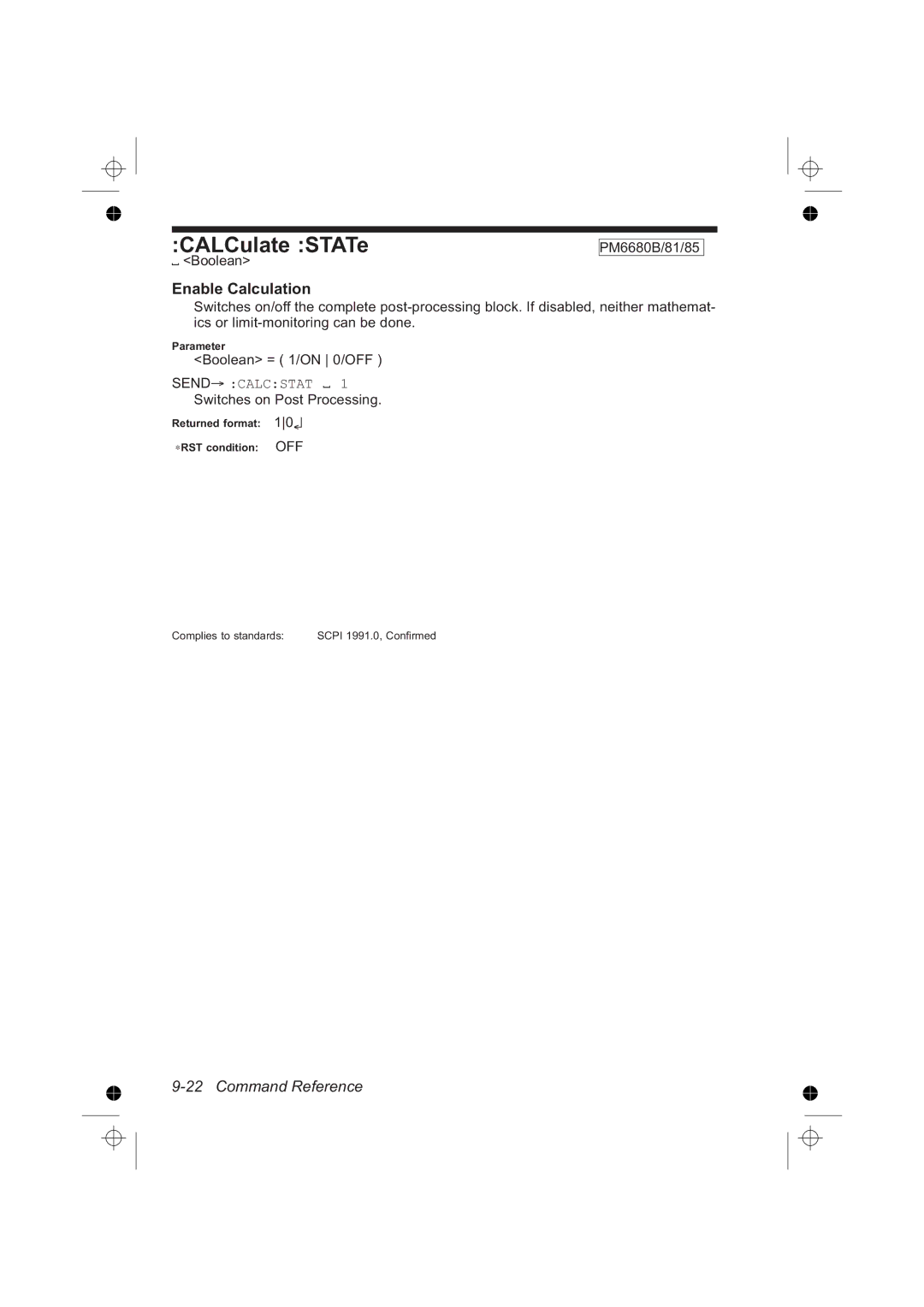 Fluke PM6681R, PM6685R manual CALCulate STATe, Enable Calculation, Send Calcstat, Switches on Post Processing 