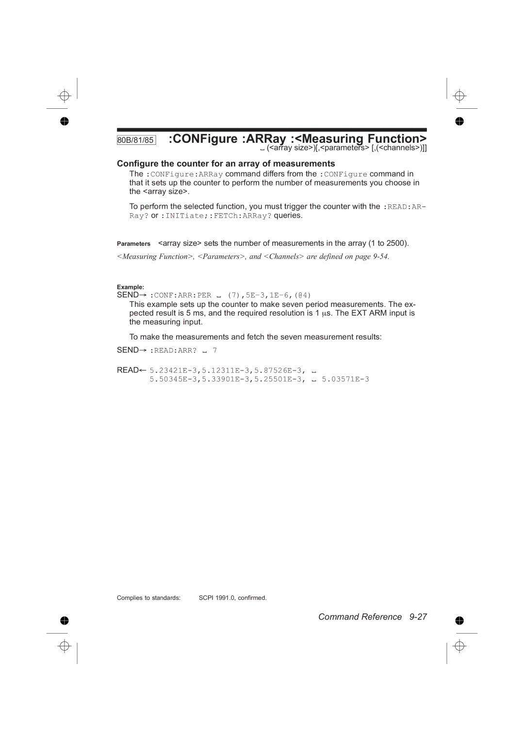 Fluke PM6681, PM6685 CONFigure ARRay Measuring Function, Configure the counter for an array of measurements, Send READARR? 