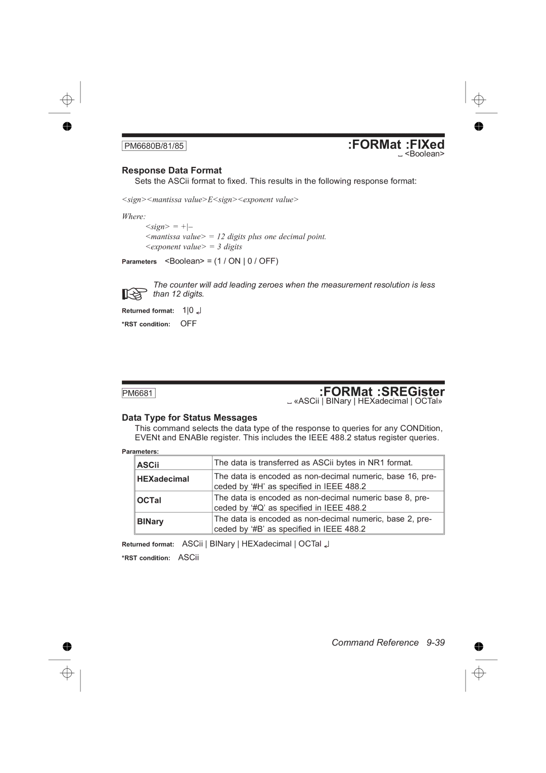 Fluke PM6681R, PM6685R manual FORMat FIXed, FORMat SREGister, Response Data Format, Data Type for Status Messages 