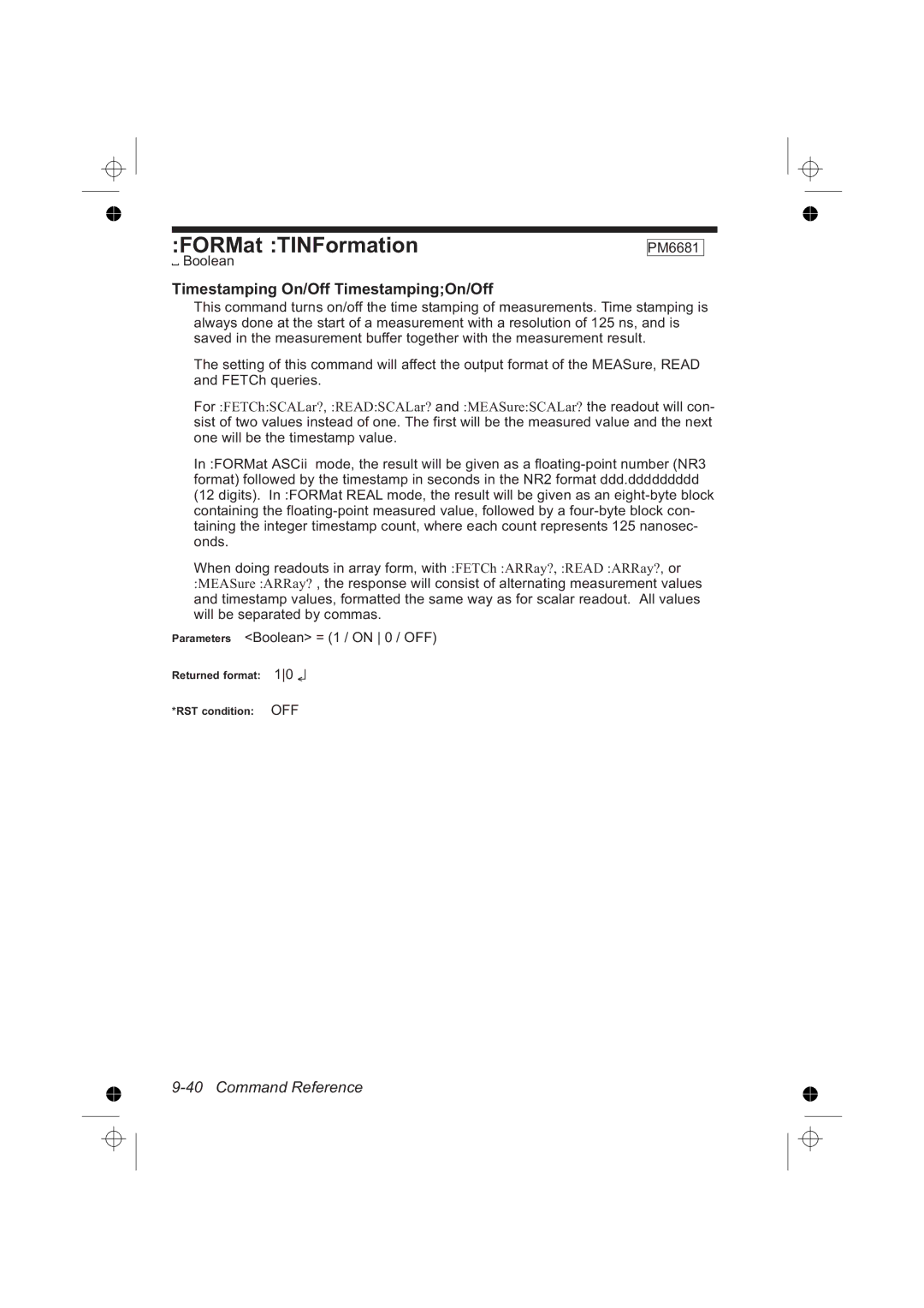 Fluke PM6685R, PM6681R manual FORMat TINFormation, Timestamping On/Off TimestampingOn/Off 