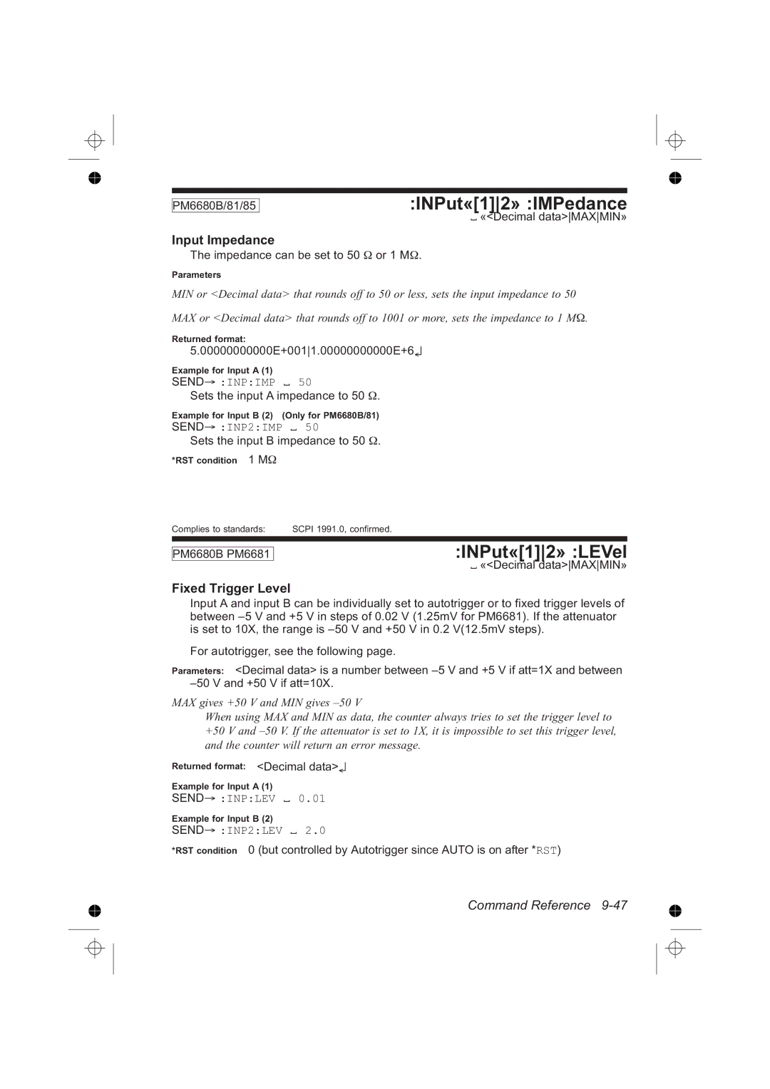Fluke PM6681R, PM6685R manual INPut«12» IMPedance, INPut«12» LEVel, Input Impedance, Fixed Trigger Level, Send Inpimp 