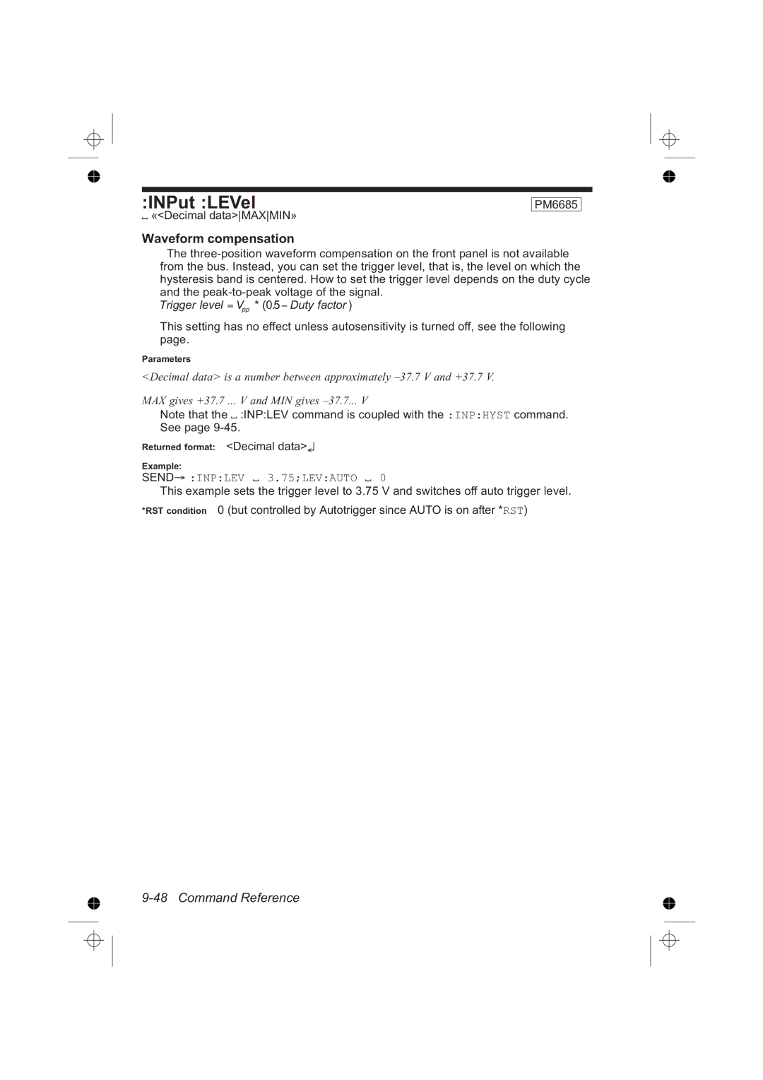 Fluke PM6685R, PM6681R manual INPut LEVel, Waveform compensation, «Decimal dataMAXMIN» PM6685, Send Inplev 3.75LEVAUTO 